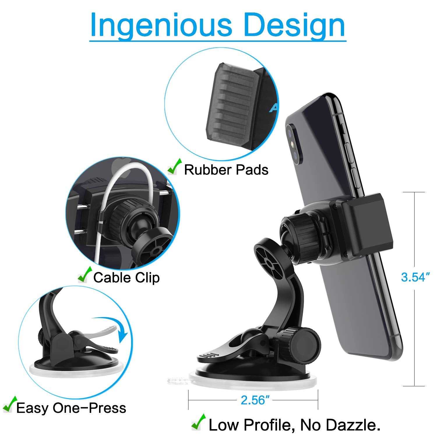 Apps2Car Suction Cup Phone Holder For Car With Adjustable Arm, Low Profile Dashboard Phone Mount Compact Windshield Window Dash Mobile Stand Compatible W/All Iphone And Android Cell Phones