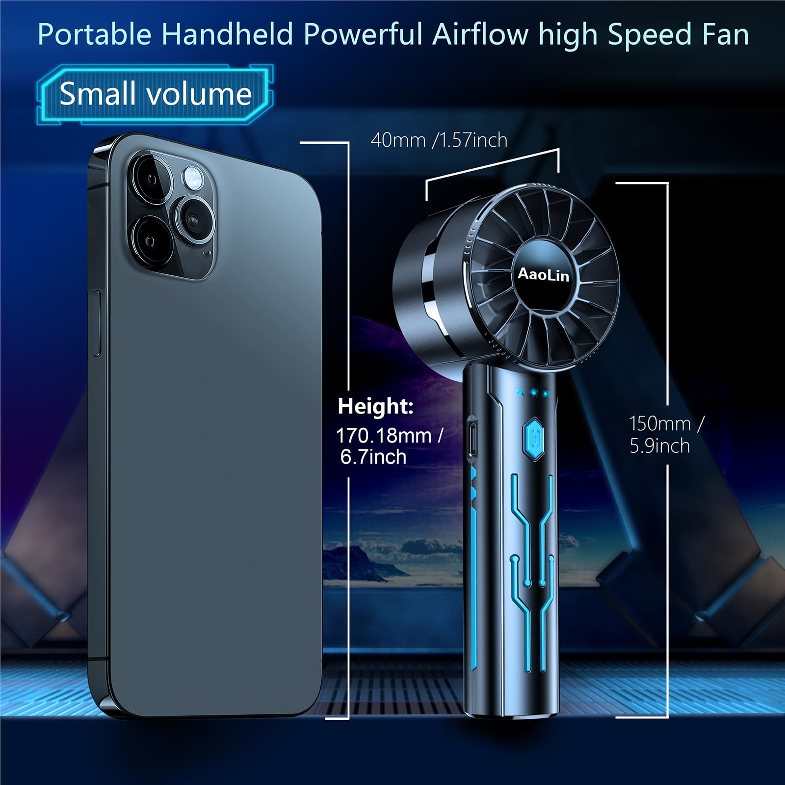Compact handheld turbo fans with high-speed motor, USB rechargeable for travel use