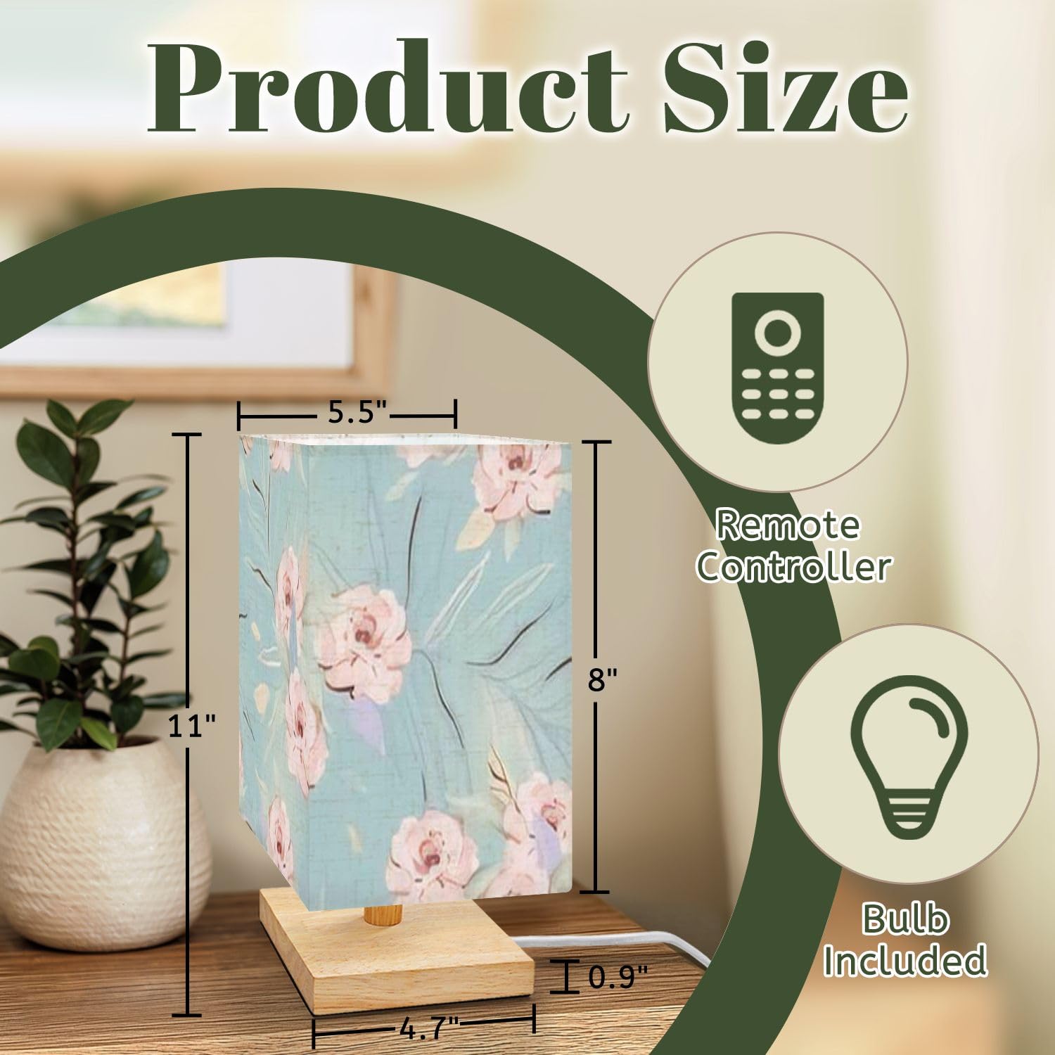 Lasenlanp Bedside Table Lamp Feminine Floral Seamless Pattern Fashionable For Dimmable Minimalist Nightstand Lamp Square Wood Base Flaxen Fabric Shade Desk Lamps For Bedroom Living Room