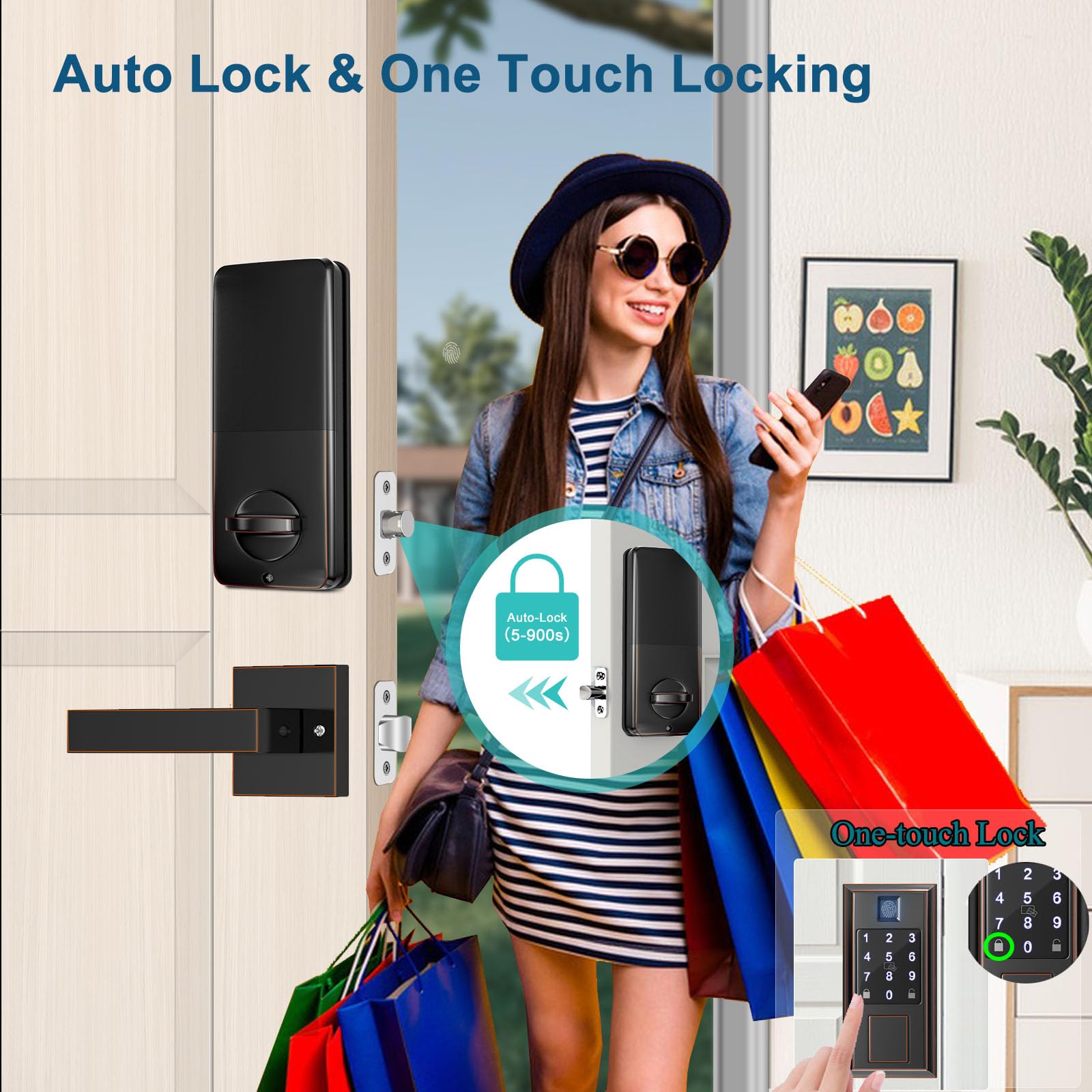 Narpult Front Door Smart Lock Set, Keyless Entry Deadbolt And Handle Set, Fingerprint Electronic Door Lock, Via Bluetooth App/Wifi(Need Gateway) Control, Oil Rubbed Bronze, 2051Orbset