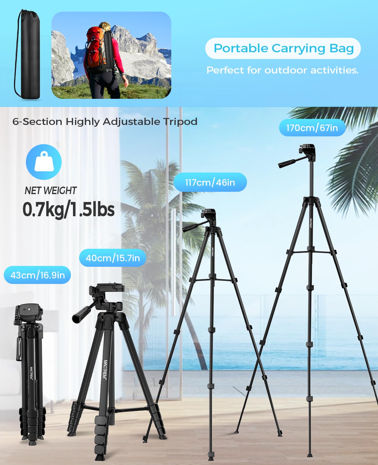 Mactrem 67Inch Tripod Stand For Ipad&Iphone-Adjustable Portable Phone Tablet Tripod Holder With Remote,Heavy Duty Lightweight Travel Tripod For Selfies,Video Recording,Vlogging,Photo,Ipad Stand Tripod