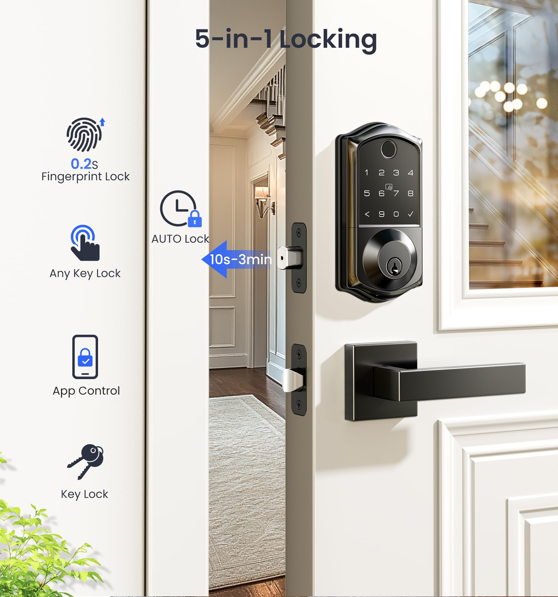 Veise Ve017 Fingerprint Smart Door Lock, App Control, 7-In-1 Keyless Entry, Auto Lock, Emergency Power Port, Electronic Touchscreen Keypad, Biometric Smart Locks For Front Door, Matte Black