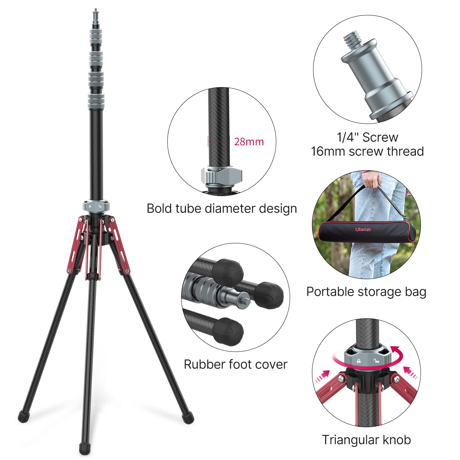 Ulanzi Light Stand Carbon Fiber Mt-49, Adjustable Tripod Stand For Photography With Phone Clip, 194Cm/76.4Inch Studio Sturdy Tripod For Speedlight Flash Softbox Strobe Light Camera With Carrying Bag