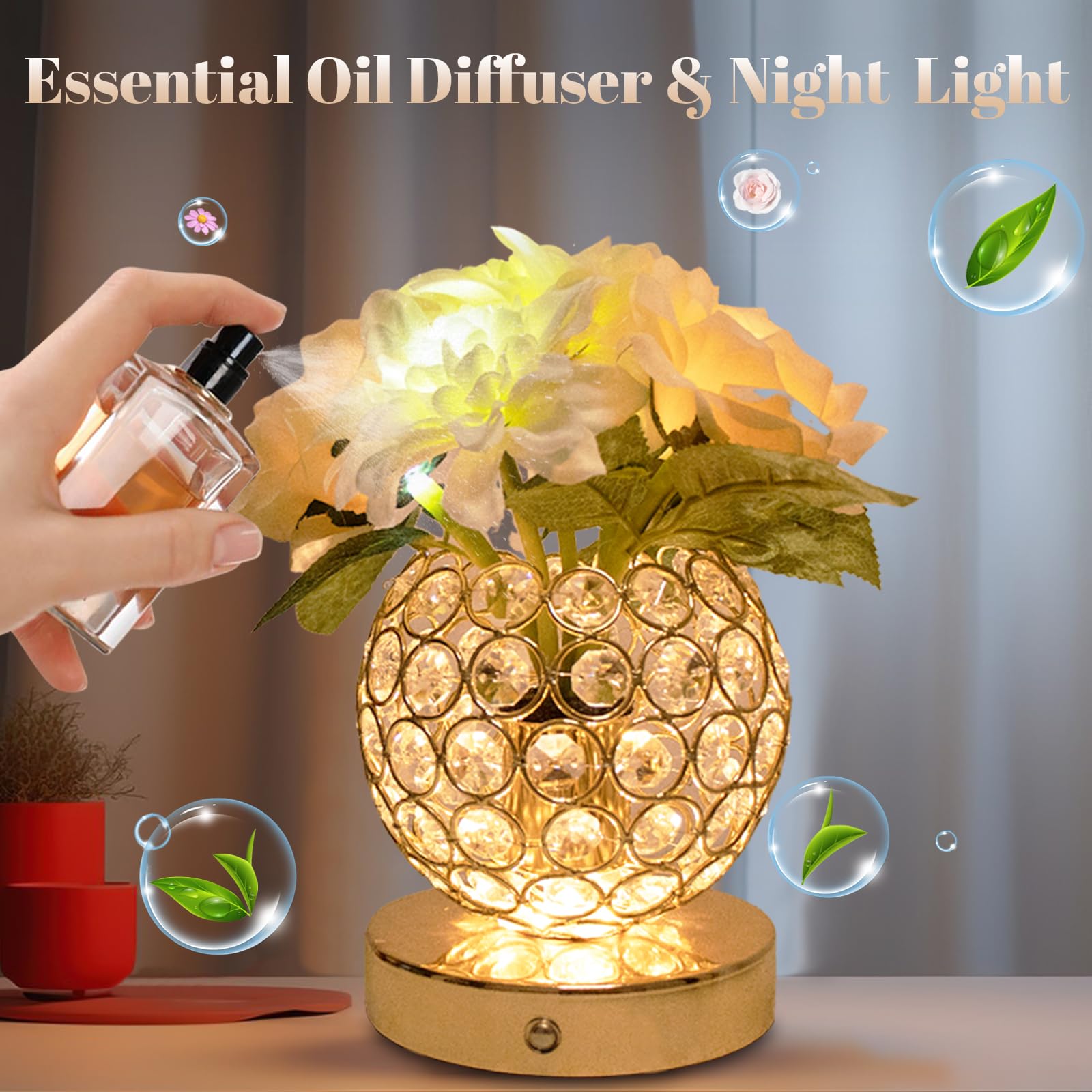 Strackvial Rose Crystal Table Lamp, Rechargeable Cordless Led Rose Night Light, 3 Colors Dimmable Artificial Flowers Lamp, Dahlia Bedside Lamp For Living Room Office Holiday (Rose + Dahlia)