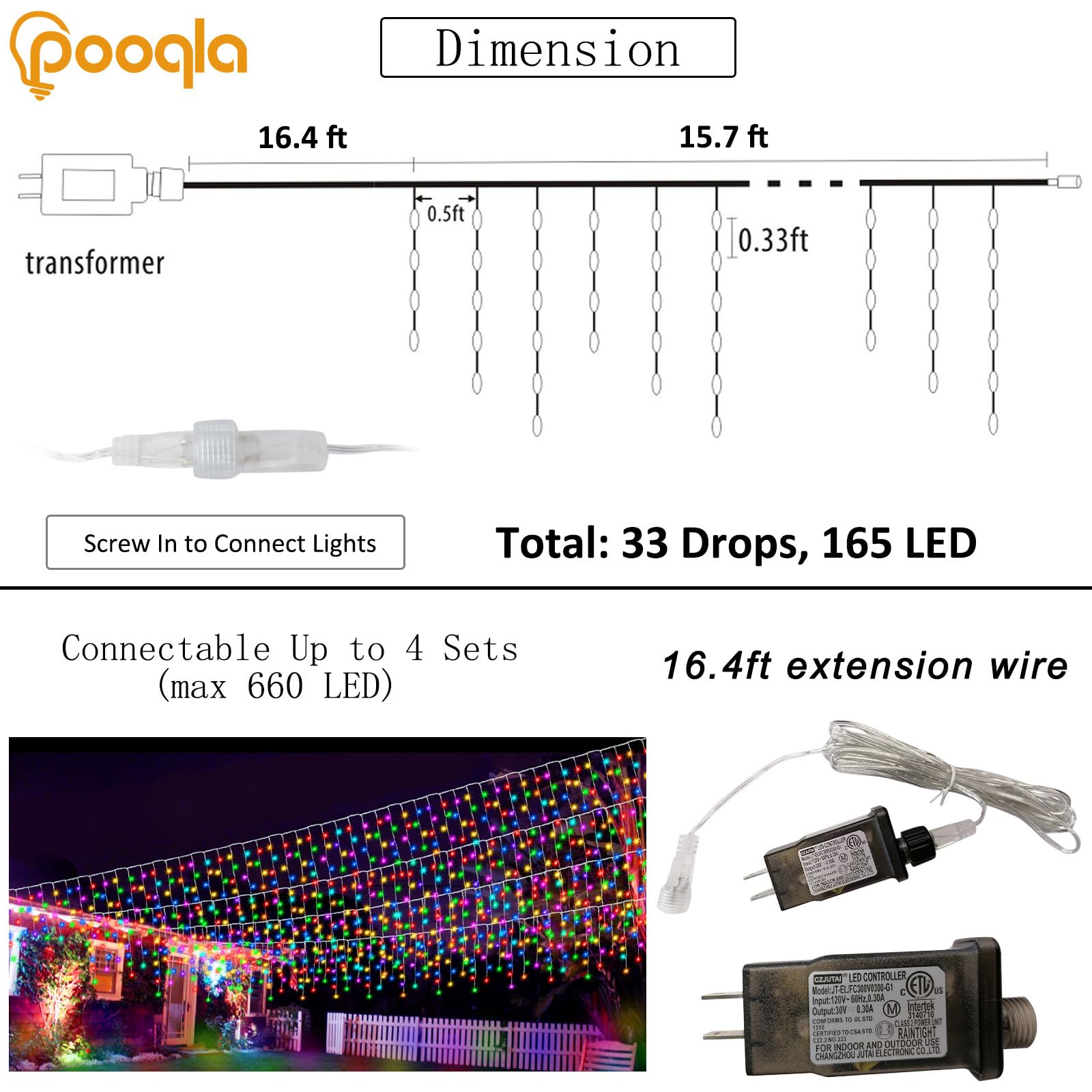 Pooqla Color Changing Icicle Lights With Remote, 34 Colors 4Th Of July Outdoor Decoration, 165 Led 15.7 Ft Rgb Waterproof Hanging String Lights For Roof Window Home Party Christmas Memorial Day Decor