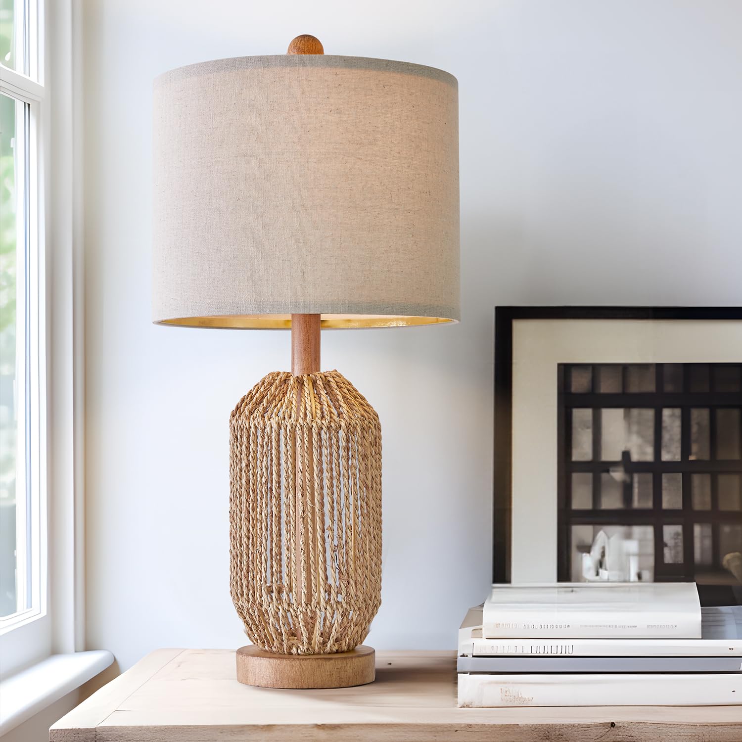 Oyears 21" Boho Table Lamp For Living Room, Bedside Lamp For Nightstands, Rattan Lamp For Bedroom, Farmhouse Table Lamp For Room Decor, End Table, Retro, Brown, 1 Pack