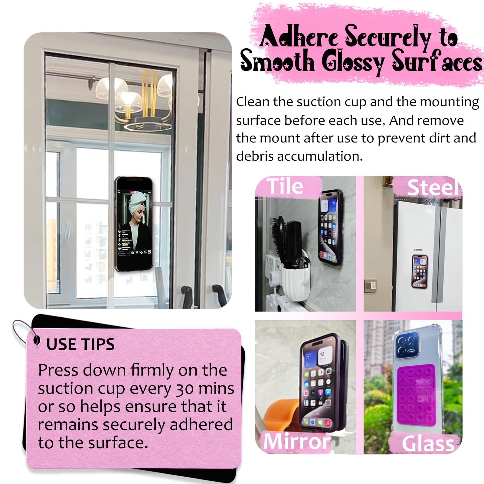 Pkyaa Silicone Suction Phone Case Mount, Silicon Adhesive Phone Accessory For Smartphones, Hands- Mirror Shower Phone Holder For Selfies, Tiktok Videos (Translucent)