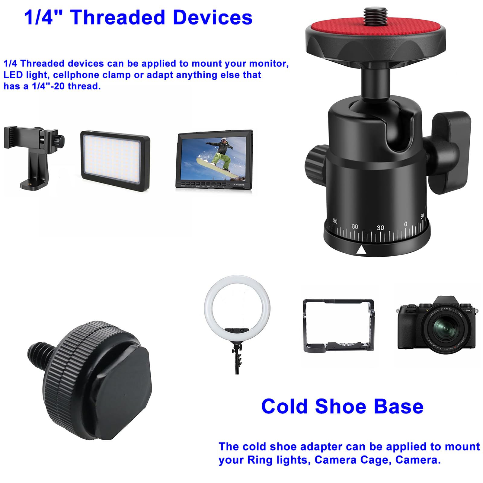Eszkozta Universal 1/4" Swivel Mini Ball Head Screw Tripod Mount With Hot Shoe Mount, 360° Panoramic Rotating Mount Base Adapter For Dslr Cameras Htc Vive Tripods Monopods Light Stand