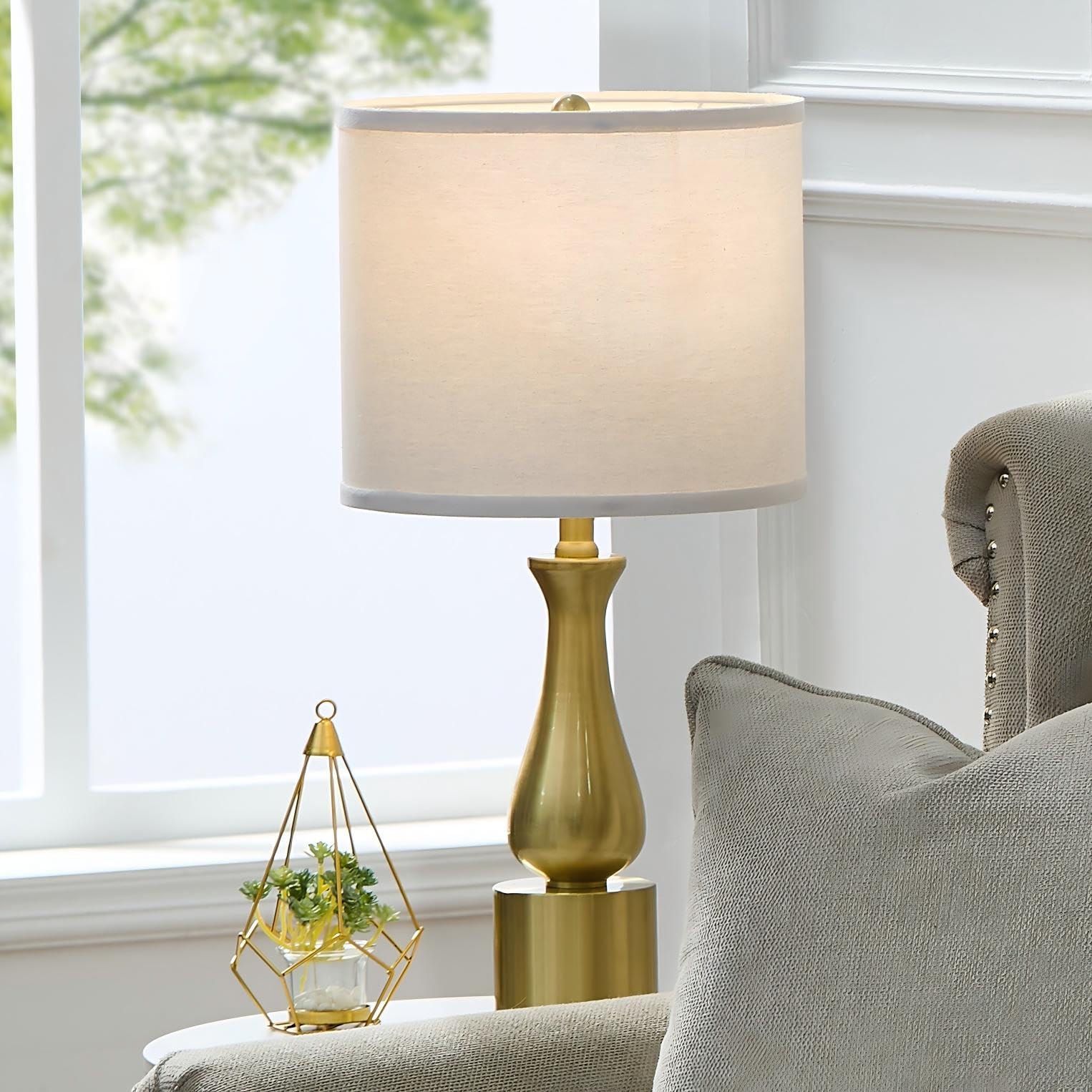 Dggdome 23" Modern Gold Lamps Set Of 2 For Bedroom, Minimalist Gold Table Lamps For Living Room Set Of 2, Small Gold Table Lamps For Nightstand Set Of 2, With White Linen Drum Lampshade For Home Office