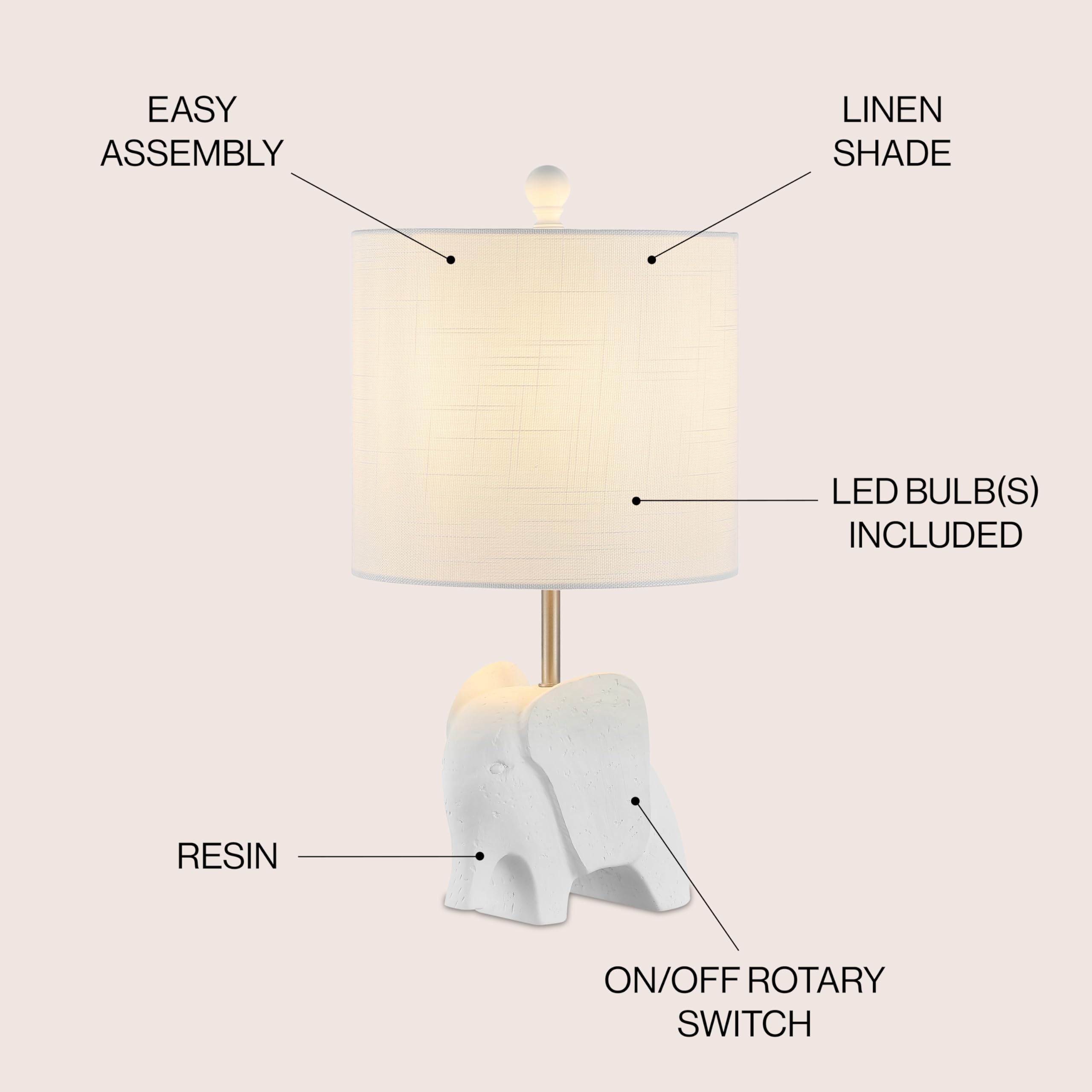 Jonathan Y Jyl1143D Koda 17.5" Eclectic Southwestern Resin/Iron Elephant Led Kids Table Lamp Global, Transitional, Rustic, Office, Living Room, Dining Room, Bedroom, Hallway, Foyer, White