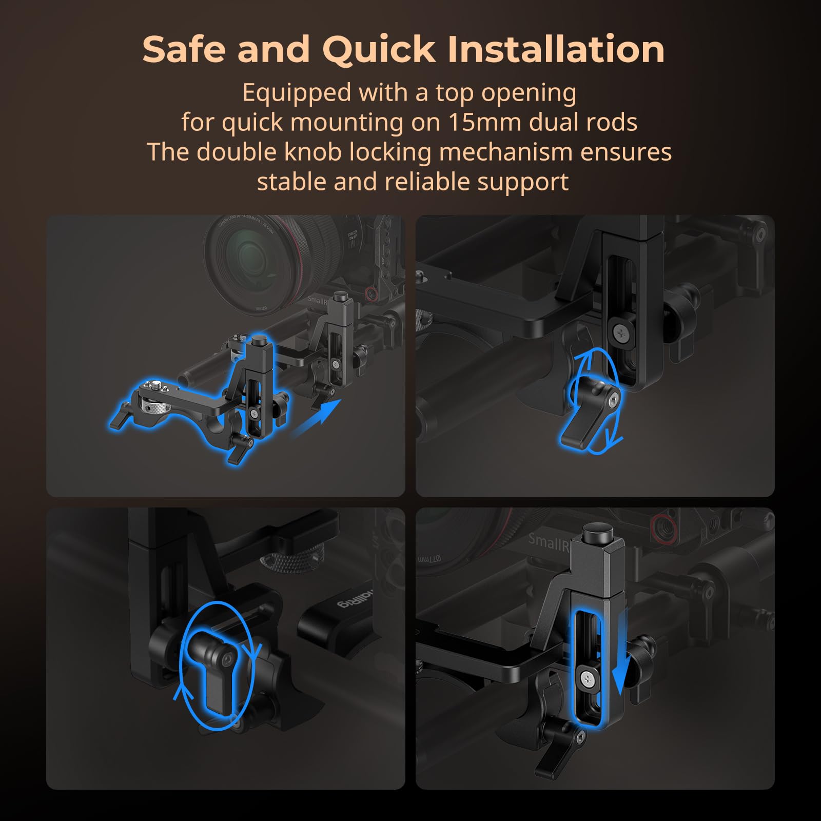 Smallrig Adjustable Swing-Away Support, 15Mm Dual Rod Clamp With Side-Opening Rocker, With 1/4"- 20 Screw And Locating Pins, Anti-Twist Design, For Matte Box - 4414