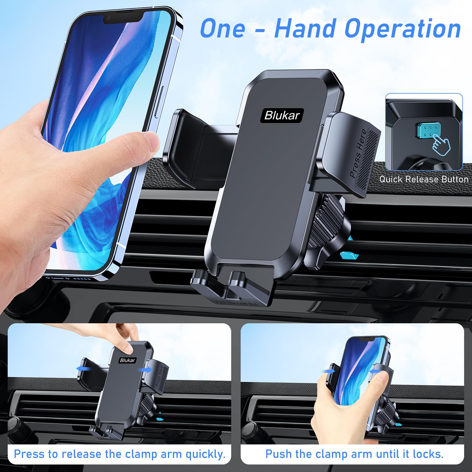 Blukar Car Phone Holder Mount, Super Stable Air Vent Cell Phone Car Mount With  Metal Hook Clip, 360° Rotation,One Button Release For Iphone, Samsung, Google, And All Other Smartphones