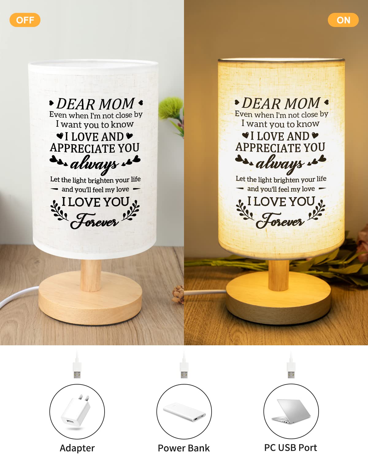 Calibron For Mom From Daughter Son, Mom For Birthday Fabric Lamp, Birthday For Mother Table Lamp With Wooden Stand