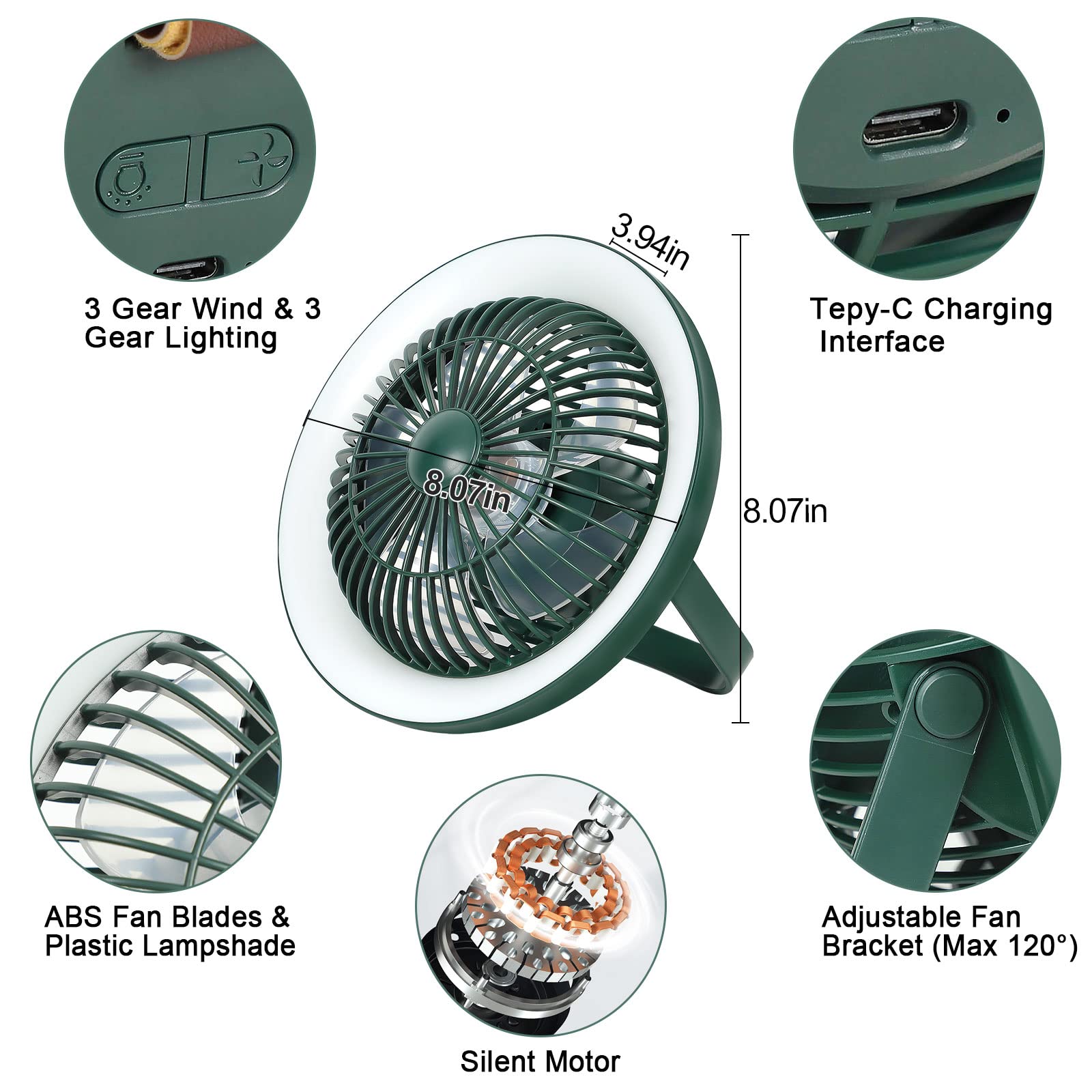 Depuley Portable Battery Operated Fan With Led Lantern, 8" Tabletop Air Circulator Fan With 3 Speeds