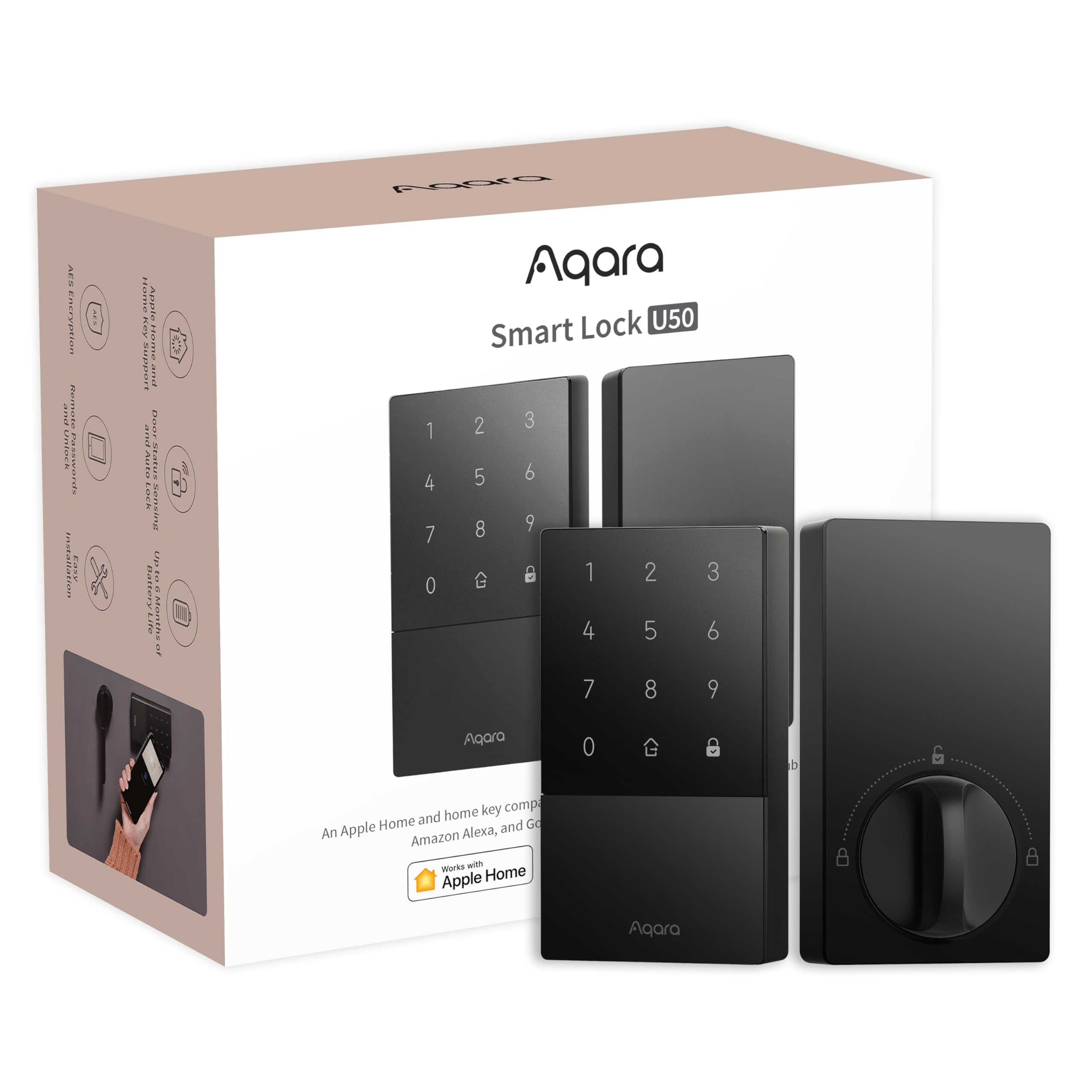 Aqara Smart Lock U50, Keyless Entry Door Lock With Apple Home Key, Bluetooth Deadbolt Lock, App Remote Control, Supports Apple Homekit, Matter, Google Home, Alexa, Ifttt, Black