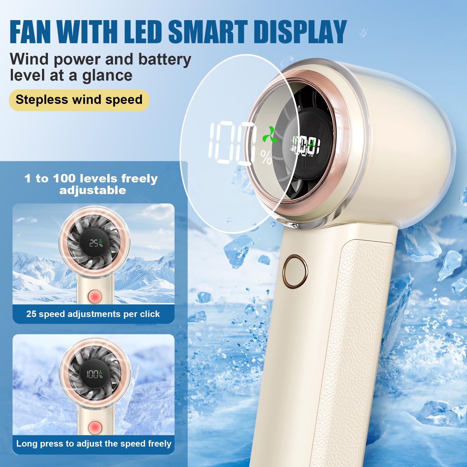 Portable Handheld Turbo Fan, 1-100 Speed Hand Fan With Air Turbo Tech And Digital Display, 13000 Rpm