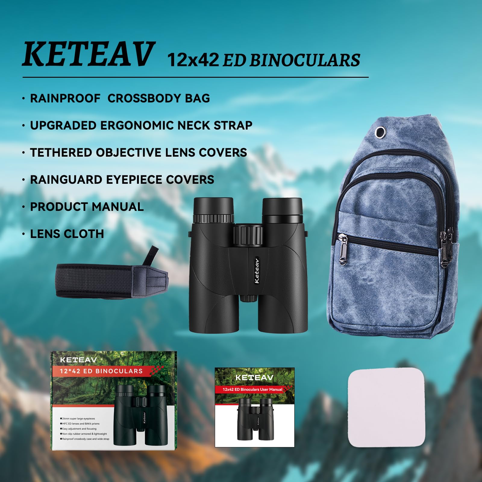 Keteav 12X42 Ed Binoculars For Adults High Powered-24Mm Large Eyepieces-Rainproof Crossbody Bag & Ergonomic Neck Strap Included-Ideal For Hunting, Bird Watching, Travel, Schools & Field Trips