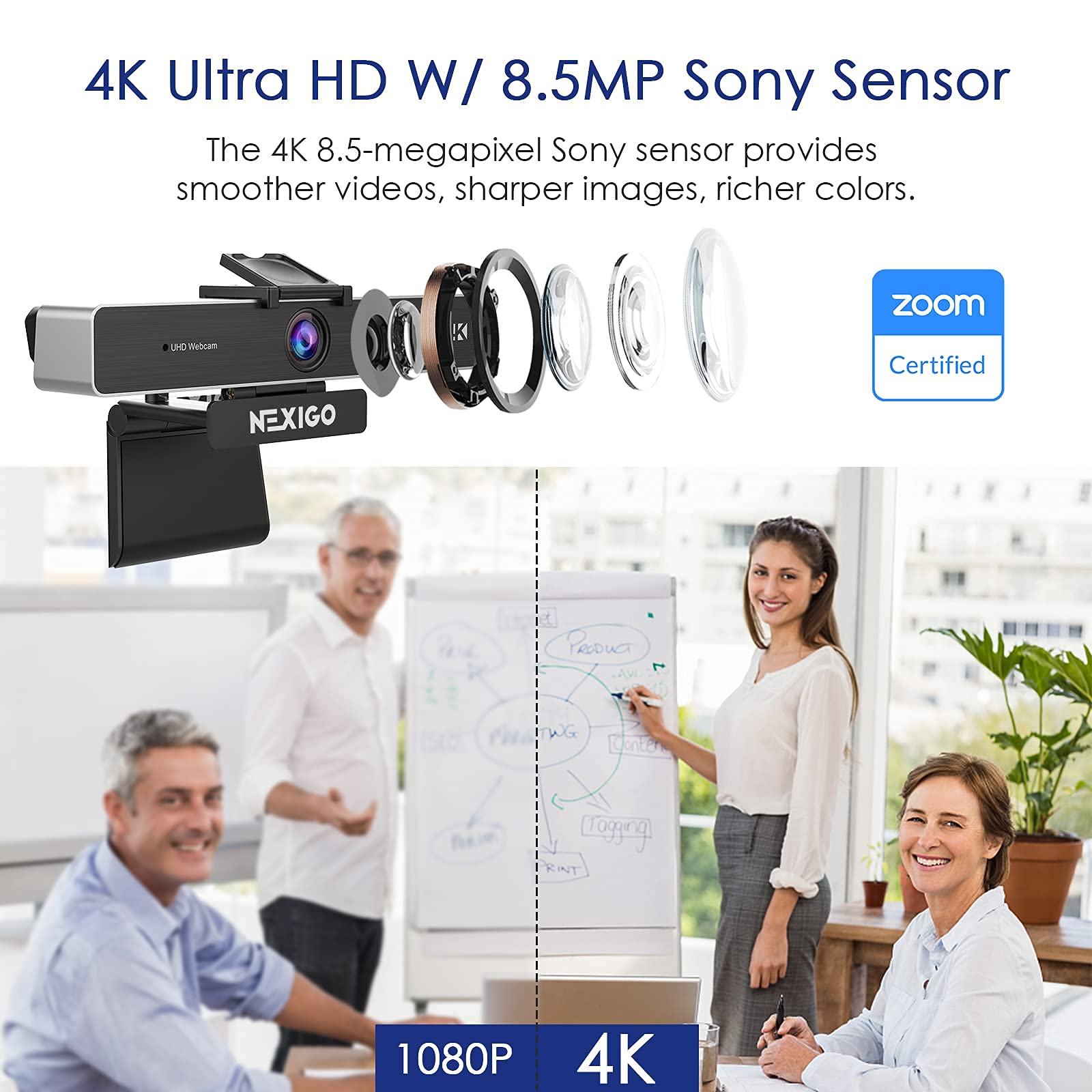 Nexigo 4K Zoomable Webcam Kits, N950P Uhd 2160P Webcam With Remote, Sony Starvis Sensor, 5X Digital Zoom, Video Conference Lighting, Extendable Tripod Stand, For Zoom/Skype/Teams