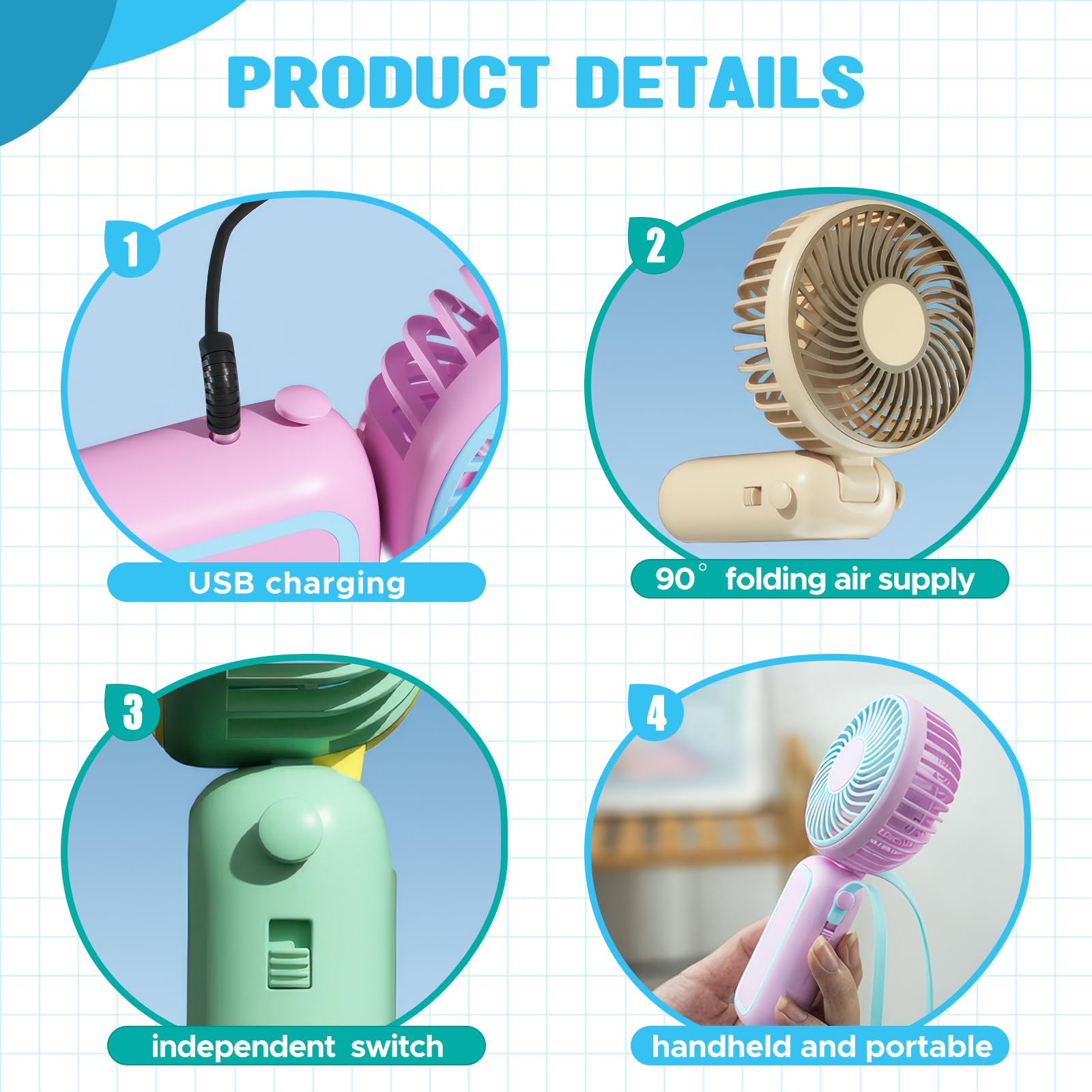 Qearfun Portable Handheld Fan, Hand Fan With Usb Rechargeable Battery, Mini Electric Pocket Fan