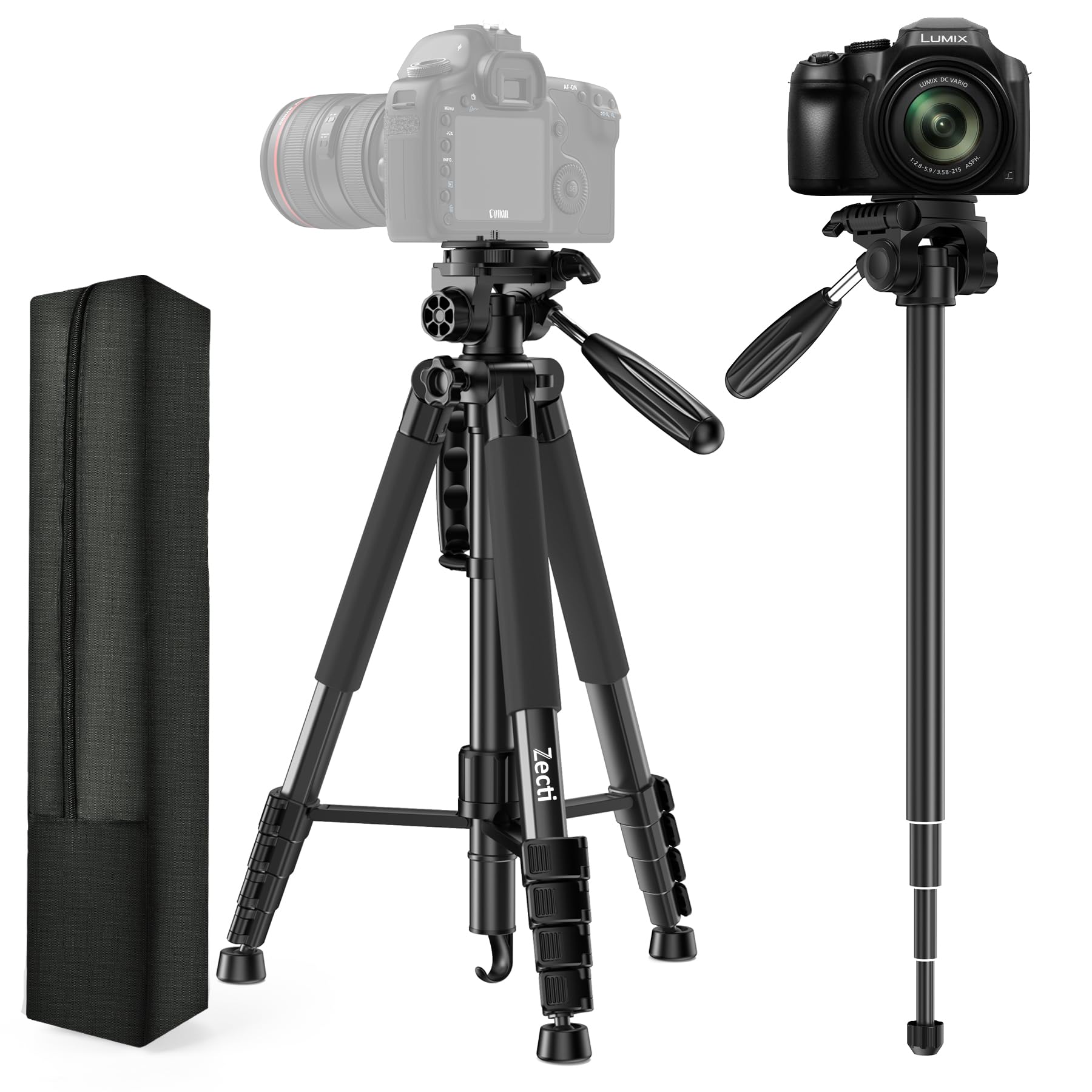 Zecti 74" Camera Tripod, Tripod For Phone And Camera Stand With Carry Bag, Aluminum Heavy Duty Tripod Stand For Canon Nikon With Monopod & 1/4" Screw, Compatible With For Phone/Camera/Projector/Dslr