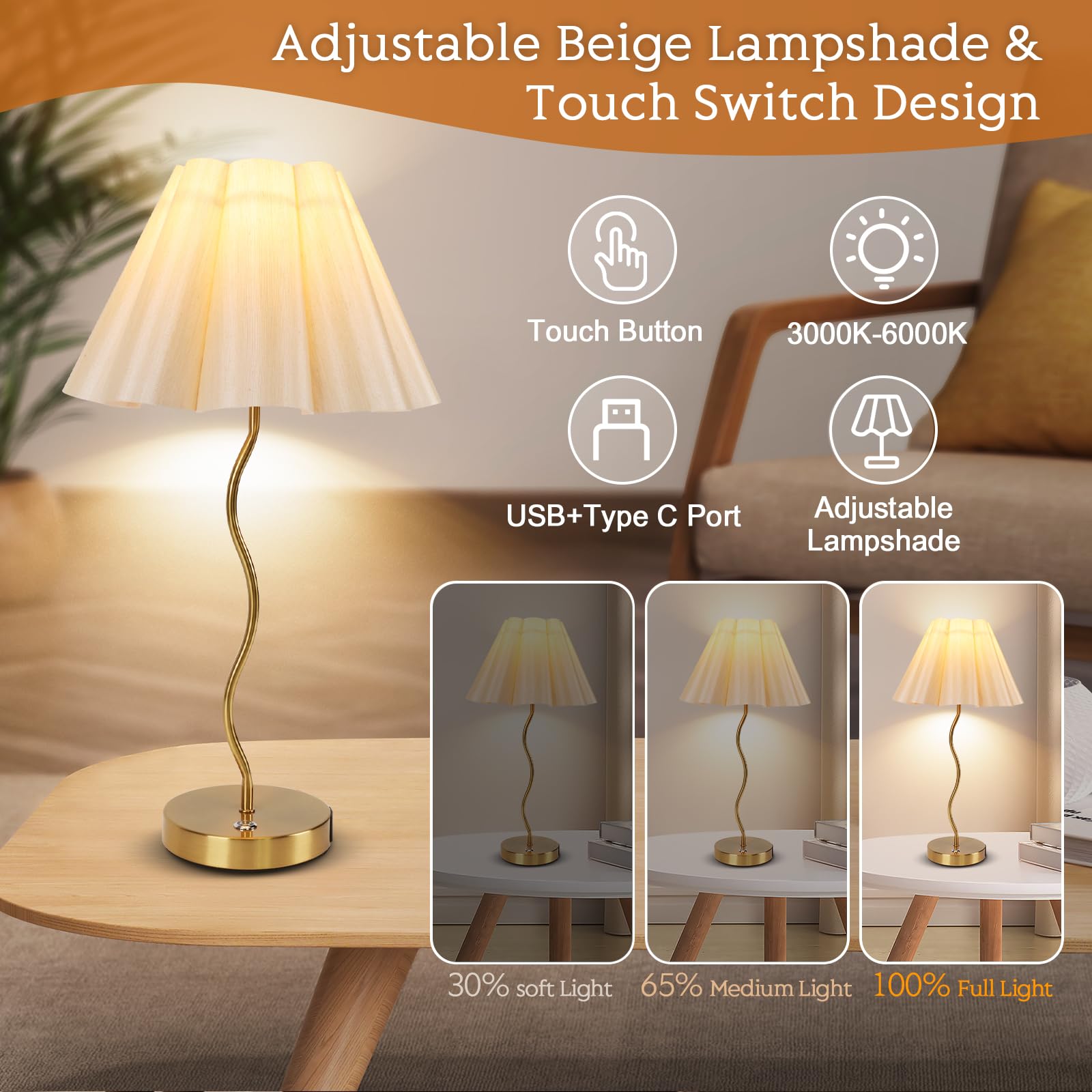 Eidearay Table Lamp For Bedroom, Modern Table Lamp With Touch Dimmable And Pleated Beige Lampshade, Gold Bedside Tables Lamp With Usb C+A Charging Ports For Bedroom Living Room Home Office