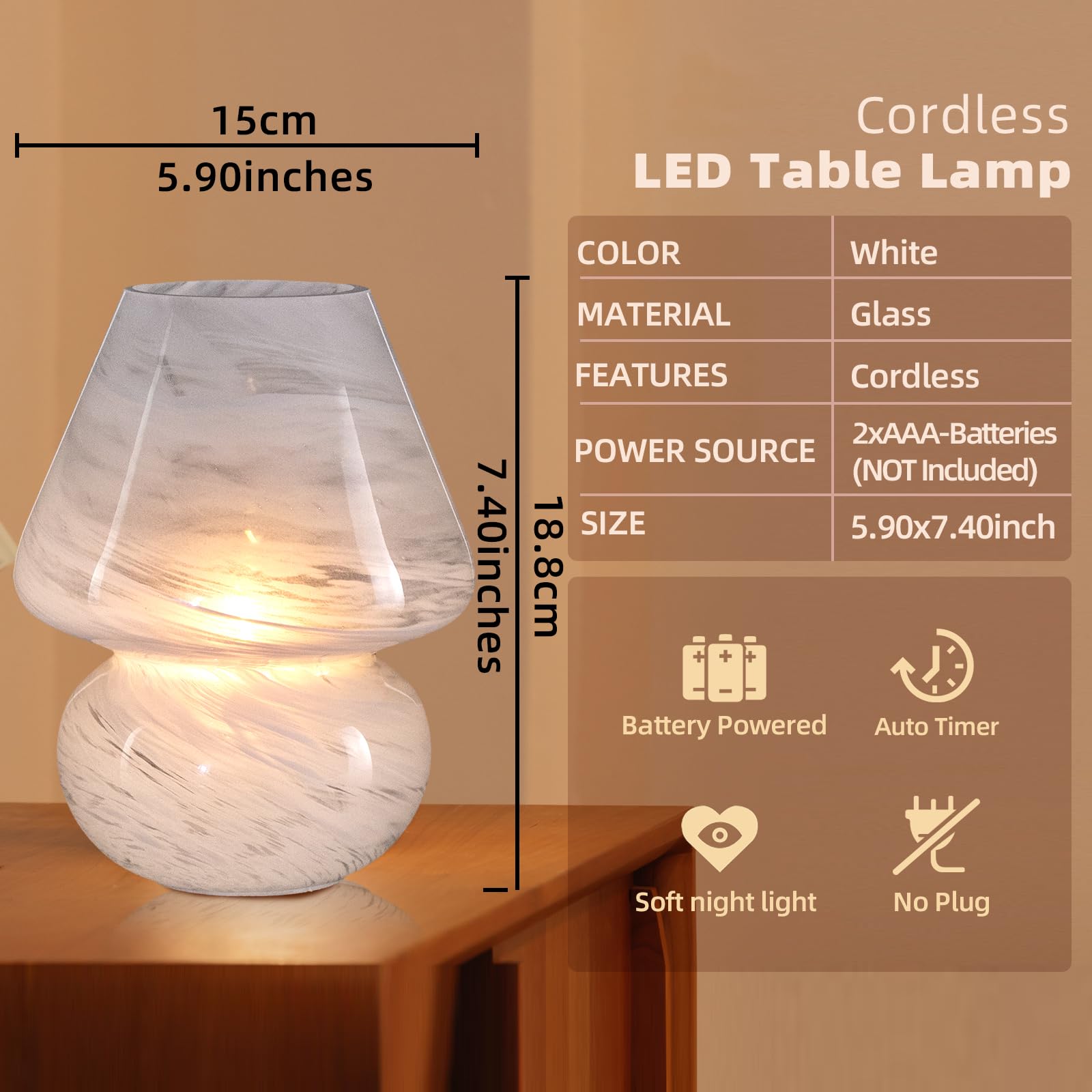 Mj Premier Mushroom Lamp, Battery Operated Lamp Timer, Table Lamp With Led Bulb For Power Light, Decorative Cordless Lamps Home Decor For Living Room Kitchen Bedroom (Cloud)