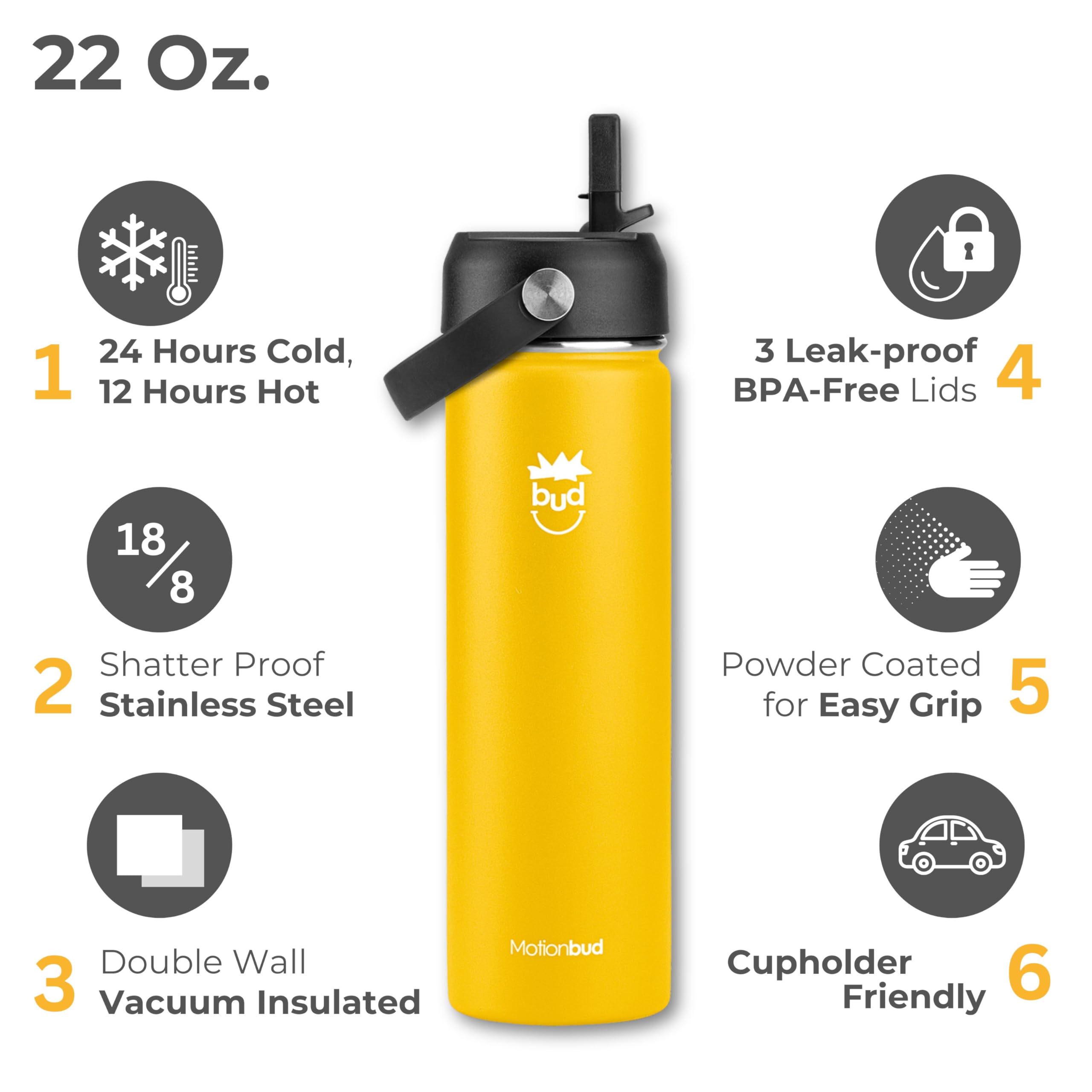 Insulated Water Bottle 22Oz. - Stainless Steel, Spill-Proof, Slim Thermos With 3 Lids
