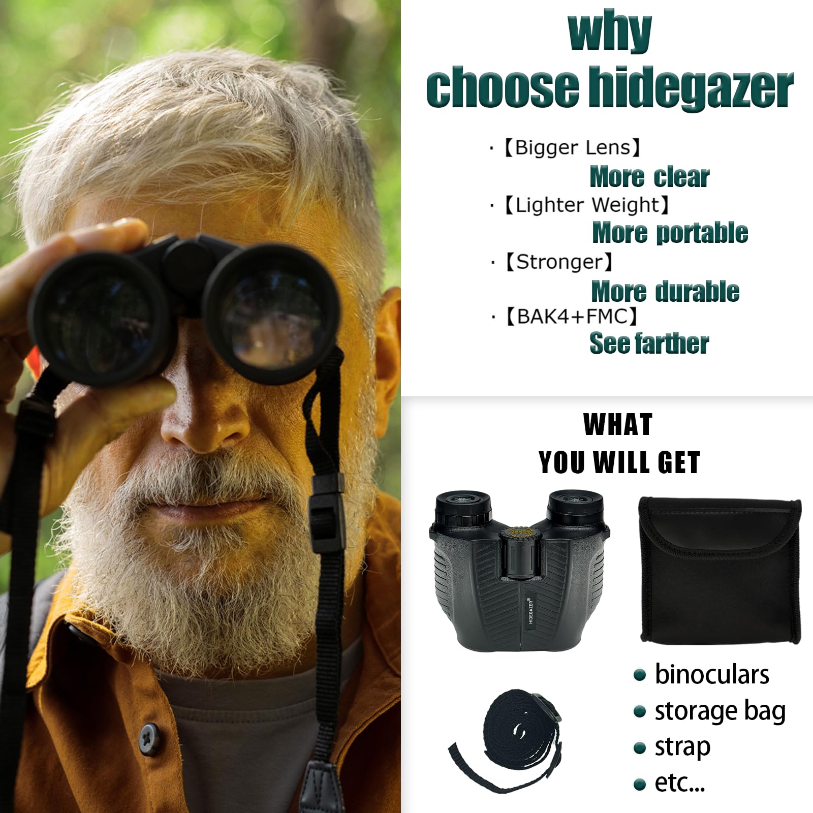 Hidegazer 12X25 Compact Binoculars For Adults And Kids - High Powered Binoculars For Bird Watching, Hunting, Travel, Hiking, Camping, Sport