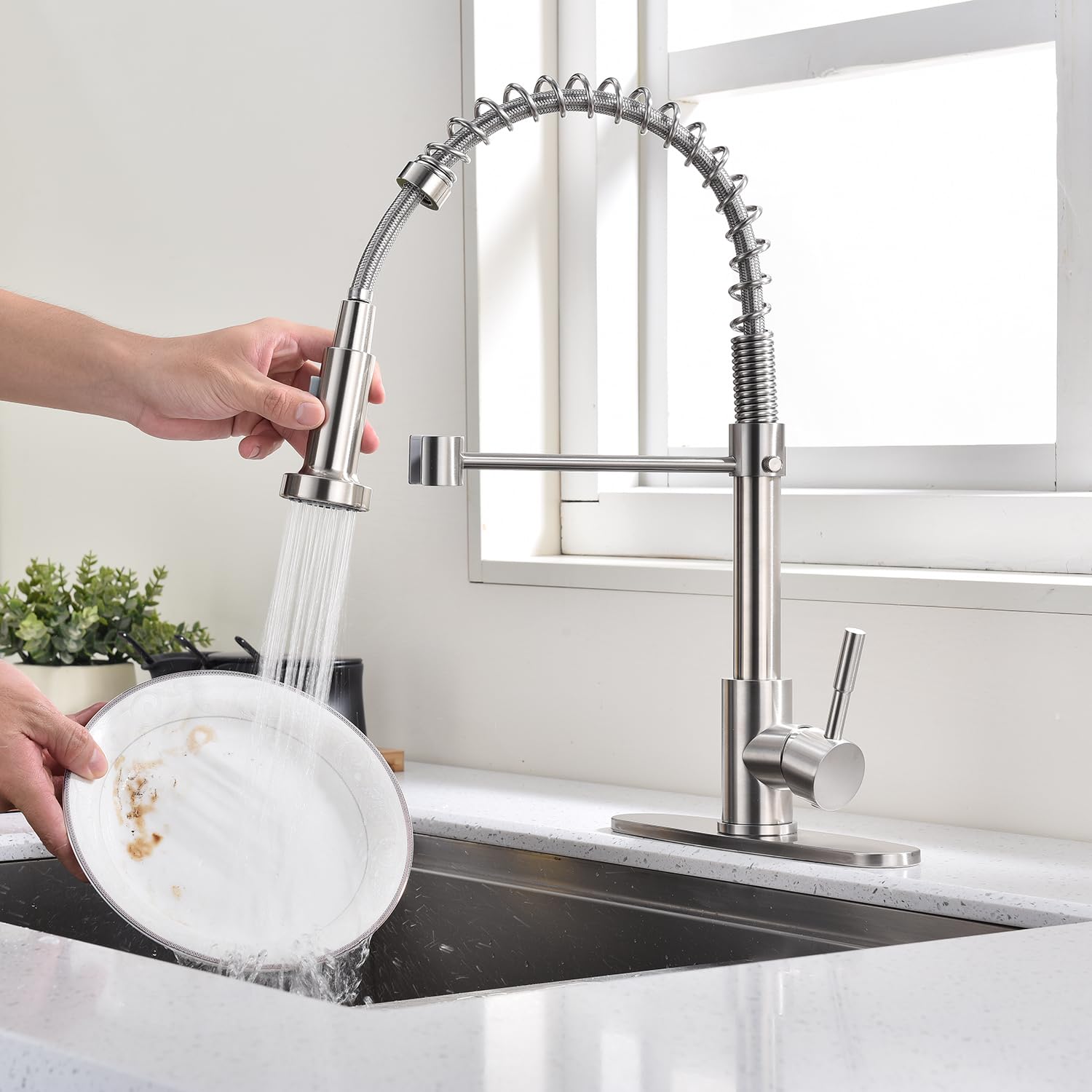 Bzoosiu Pull Down Sprayer Kitchen Faucet, Solid Brass Kitchen Sink Faucet With Deck Plate, Commercial Spring Single Handle Rv Kitchen Faucet, Brushed Nickel