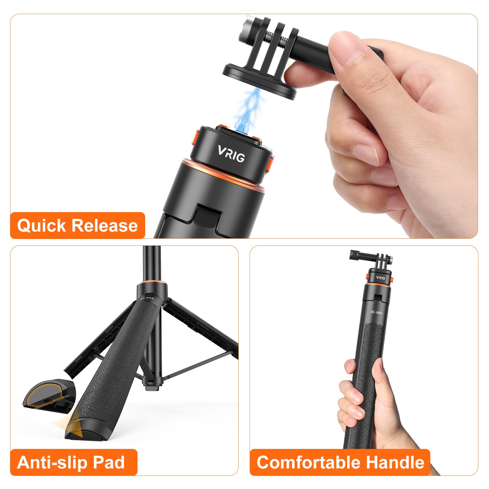 Vrig Select Vrig 63" Magnetic Selfie Stick Tripod For Go Pro, Quick Release Extendable Tripod Stand For For Go Pro Hero 13 12 1110 9 8 7 6 5 4 3 2, Fusion, Max, Session, Sjcam, Dji Osmo 5Pro/4/3 Insta 360 X5