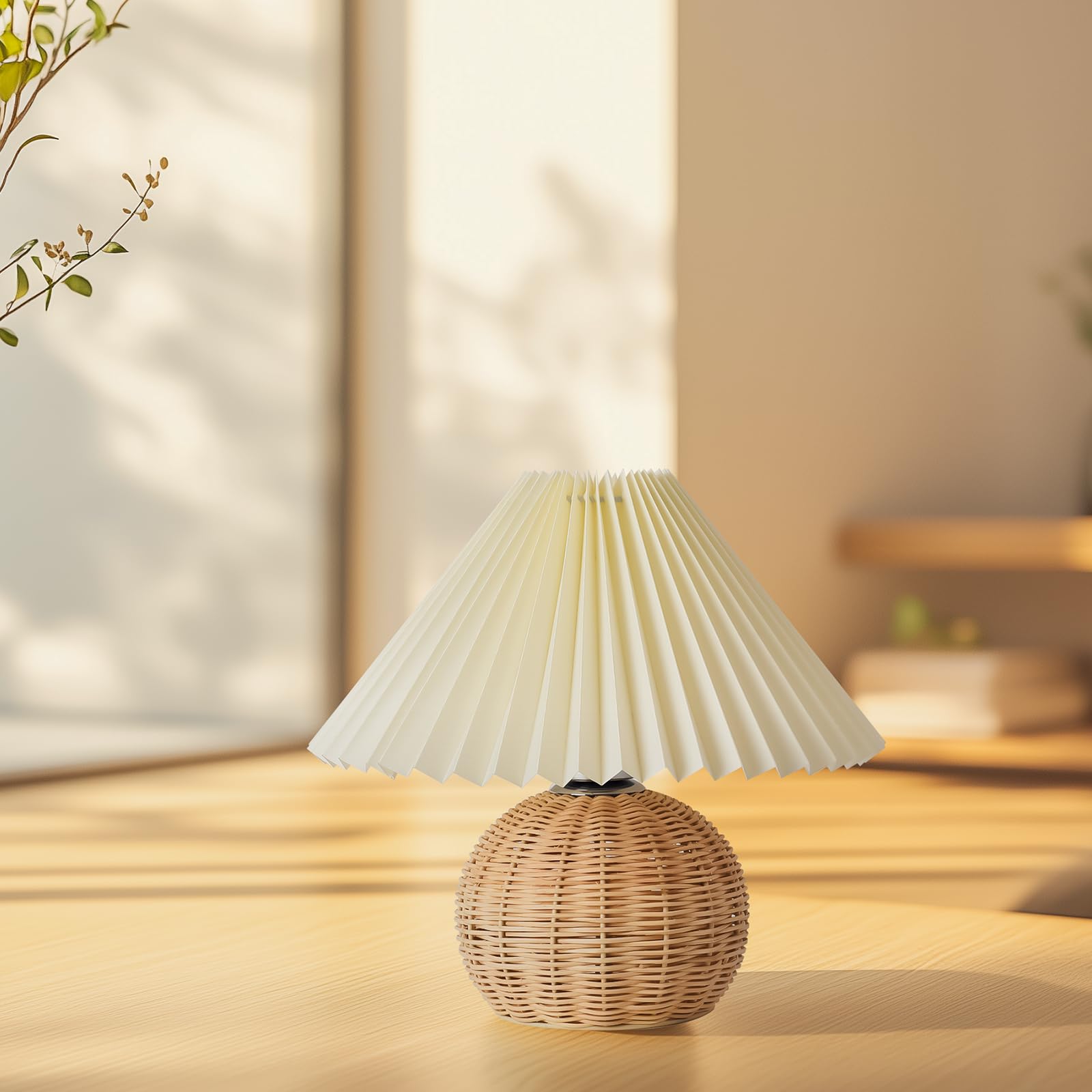 Kunjoulam Pleated Table Lamp, 11" Bedside Nightstand Lamp With Rattan Metal Base, Desk Light For Bedroom Living Room Home Office Decor Without Bulb