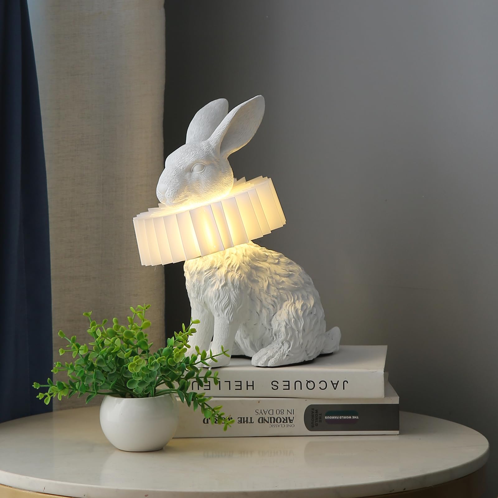 Lazhug White Scarf Rabbit Table Lamp,Resin Crafted Bunny Lamp Featuring White Pleated Pc Lampshade,Usb Plug,Low Voltage Energy-Efficient Nightstand Lamp