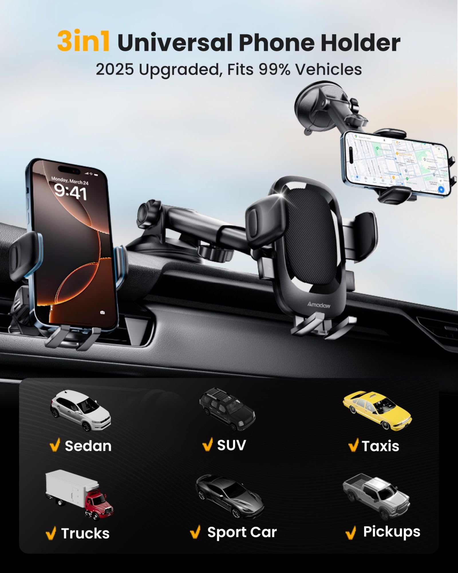 Amadaw Phone Holders For Your Car 3-In-1 Universal Mount For Windshield, Dashboard & Air Vent  Compatible With Iphone & Android Smartphones  Secure Fit For Pickup Trucks, Suvs & Sedans (Pink)