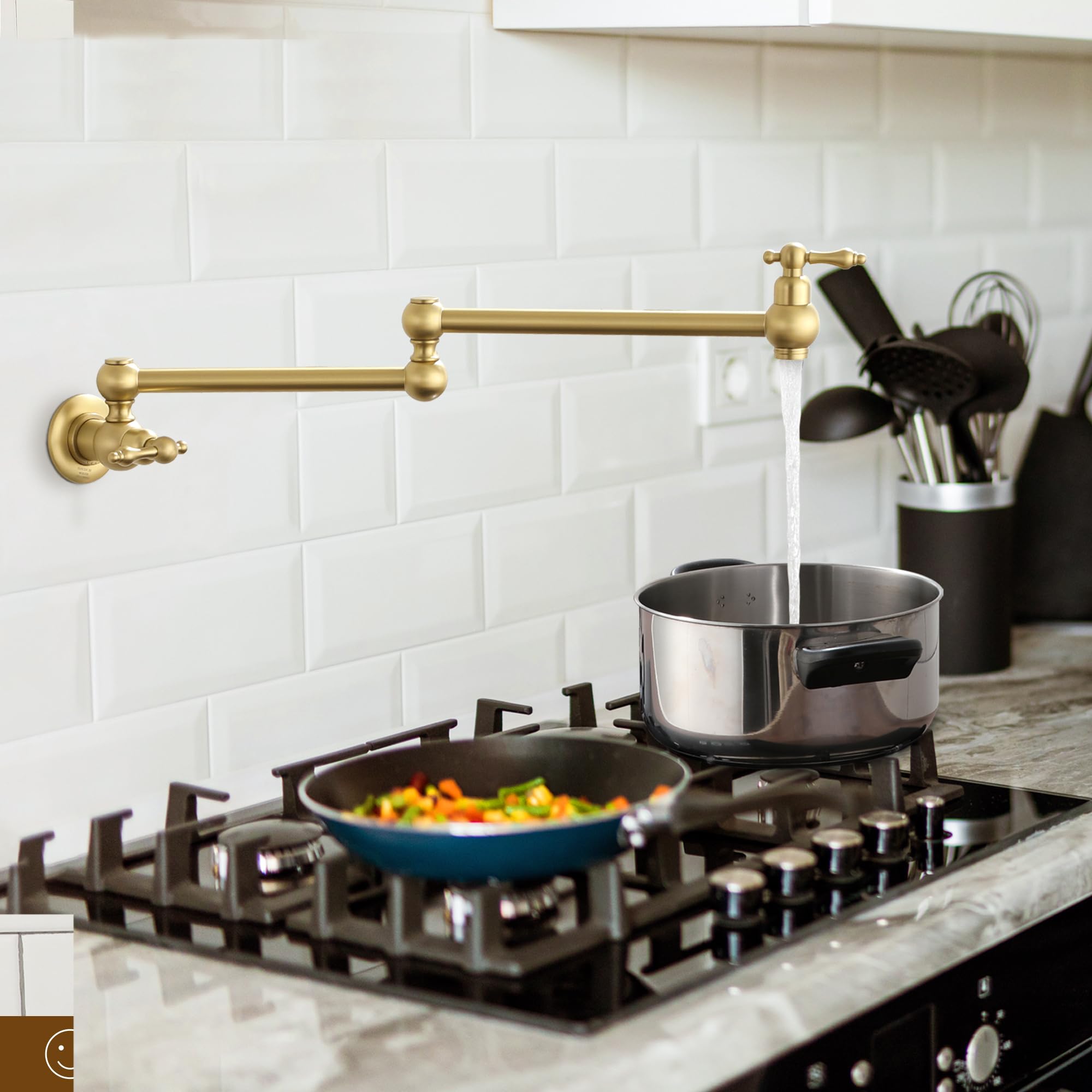 Mondawe Brushed Gold Pot Filler Faucet, Brass Wall Mount Stove Faucet, Double Handle Folding Pasta Faucet Over Stove, Kitchen Pot Faucet With Double Joint Swing Arms, 1.8 Gpm, 360°Rotation