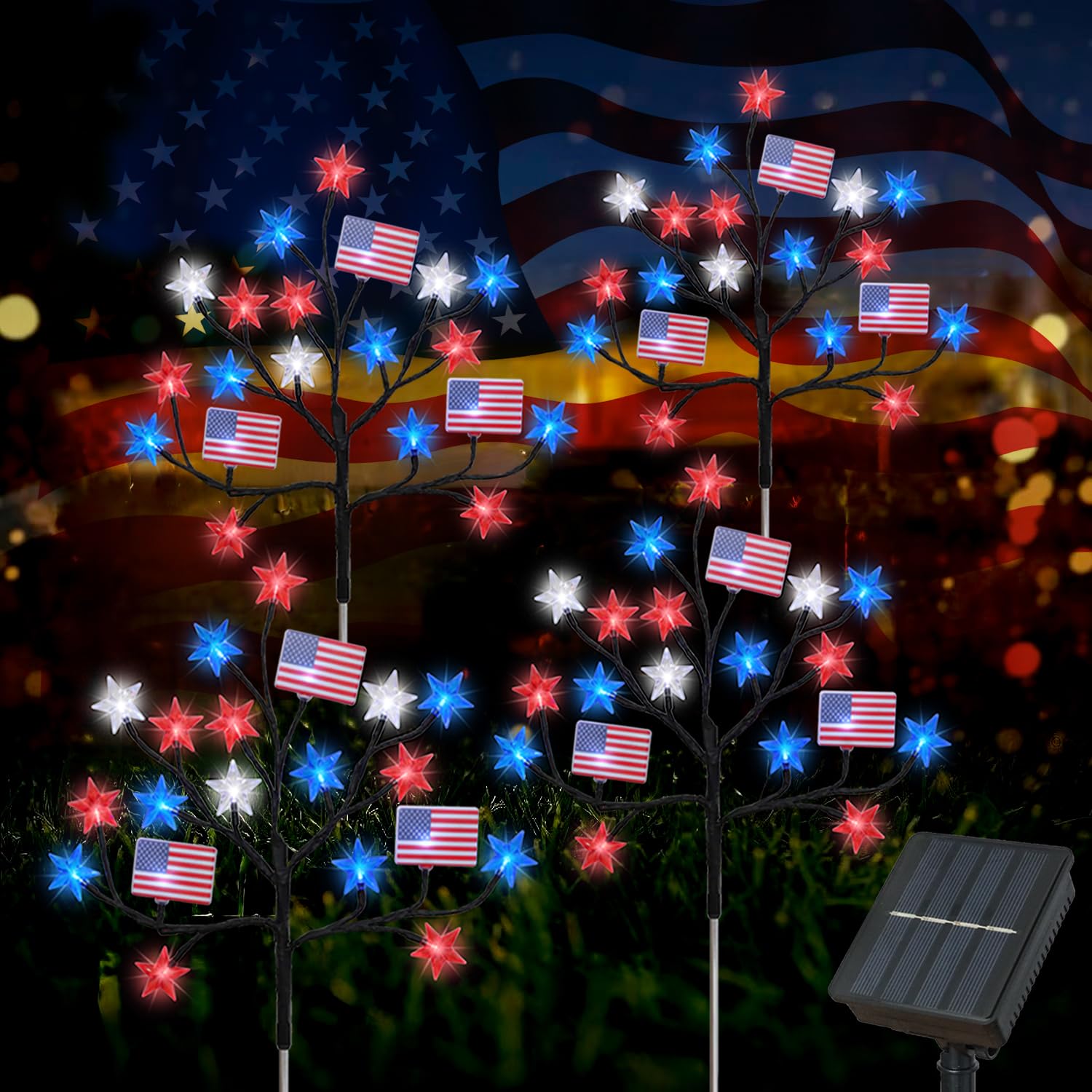 Hugsvik 4 Packs 80Led 4Th Of July Decorations Outdoor, Red White And Blue Solar Lights With Stars & American Flags, Outdoor Memorial Day Decorations Patriotic Lights For Yard Pathway Garden