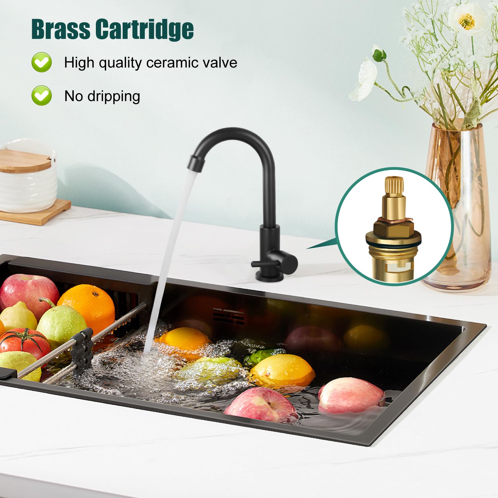 Heyalan Cold Water Only Kitchen Faucet Single Handle 1 Hole Deck Mount Sus304 Stainless Steel Sink Bar Tap Goose Neck,8.3Inch,Matte Black