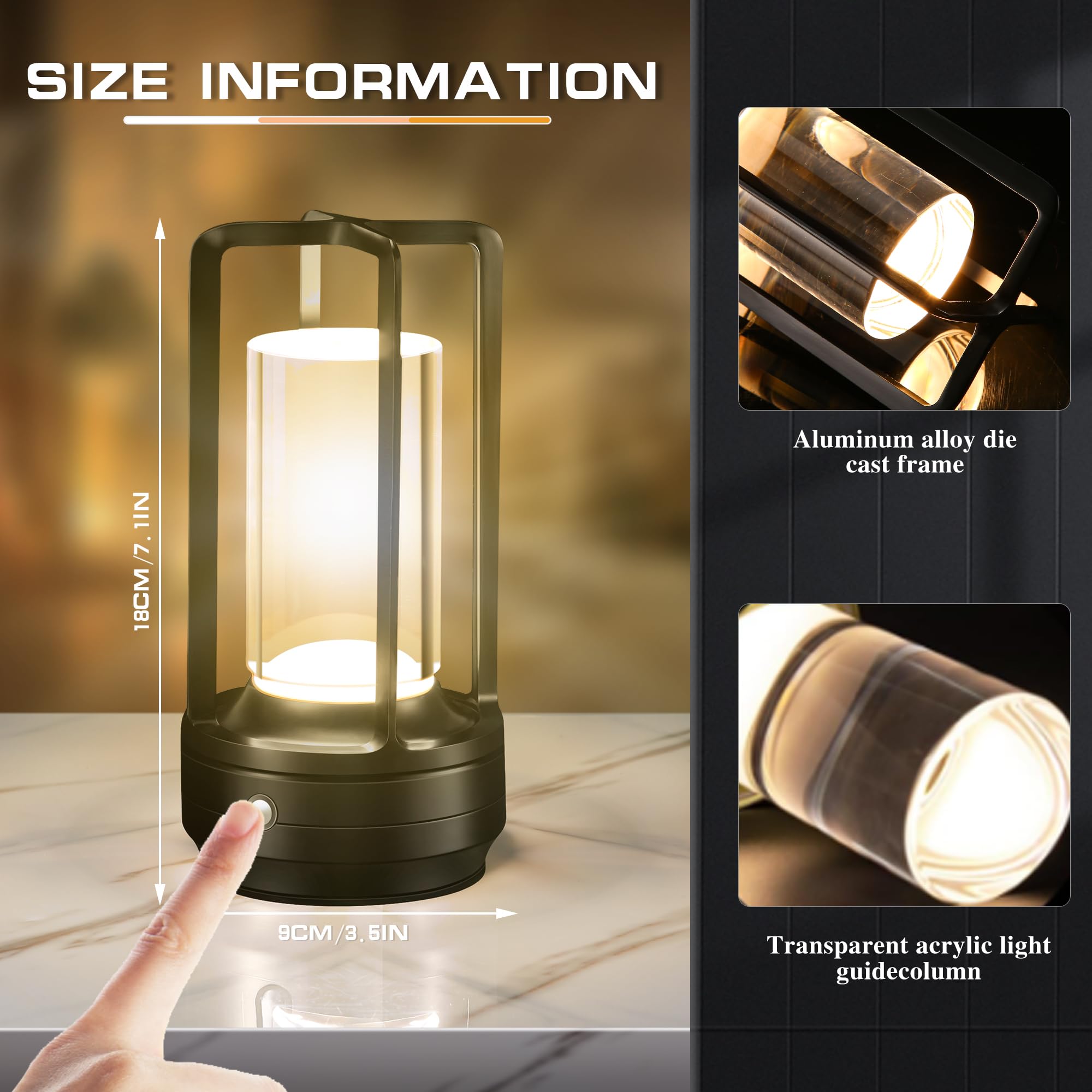 Idong Portable Cordless Table Lamp，Led Desk Lamp With Touch Control，3-Colour Infinitely Dimming Rechargeable Battery Powered Dimming Led Lighting For Strange/Restaurant/Bedroom/Bar/Outdoor Party（ Black）
