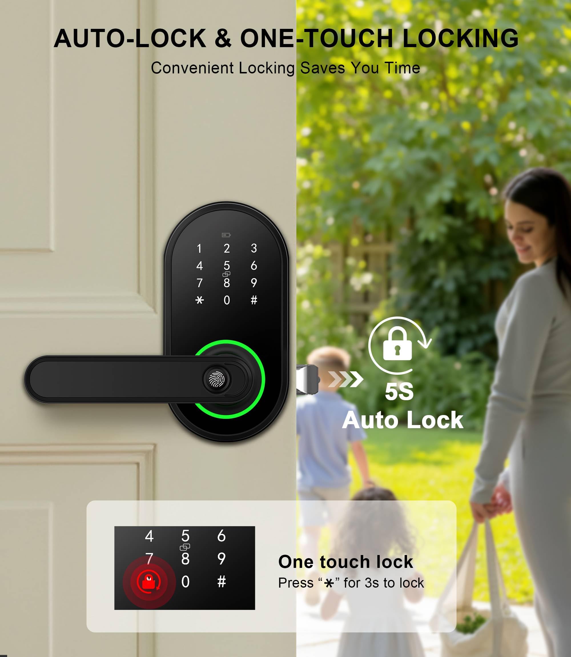 Ibicletas Smart Keypad Door Lock With Handle, Keyless Entry Digital Door Lock For Front Door, Fingerprint Electronic Door Knob With App, Security Lever For Bedrooms, Apartment, Local Data Storage, Black