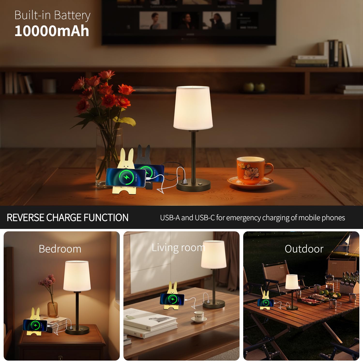 Cnmykyds Cordless Rechargeable Table Lamp, Wireless Table Lamp, 10000Mah Rechargeable Battery Powered Lighting, Stepless Dimmable Light For Dining Room,Bedroom,Bedside,Bar,Night Light,Camping(A:Black)