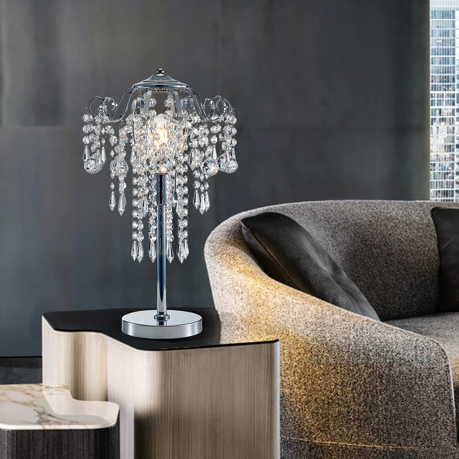Meixisue Modern Table Lamp Chrome Metal And Clear Crystal Bedside Table Lamp End Table Lamp Nightstand Lamp For Bedroom Living Room Office Desk H20.4'' W11.81'' 1-Light E26