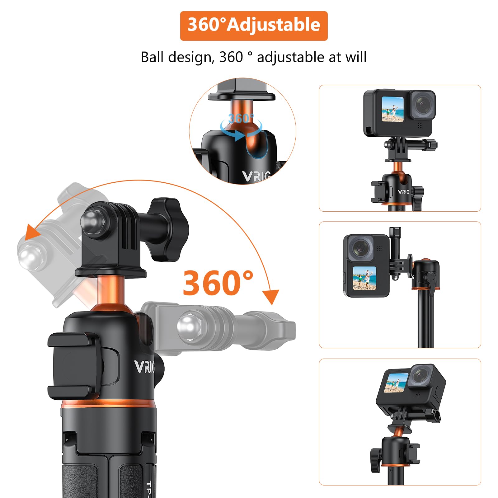 Vrig Select Vrig 21" Extendable Selfie Stick Tripod For Gopro With 360° Ballhead, Portable Vlog Selife Stick Tripod Stand For Dji Osmo Action 5Pro/4/3,Gopro Max Hero 13 12 11 10 9 8 7 6 5/Insta 360 Ace Pro
