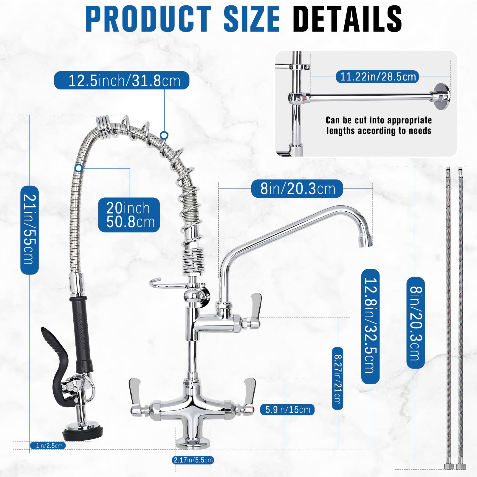 Bzimak 21" Height Commercial Sink Faucet Deck Mount With Pre-Rinse Sprayer, Commercial Kitchen Faucet With 8" Add-On Swing Spout Faucet & Spring Pull Down Sprayer, 8" Adjustable Center Kitchen Faucet