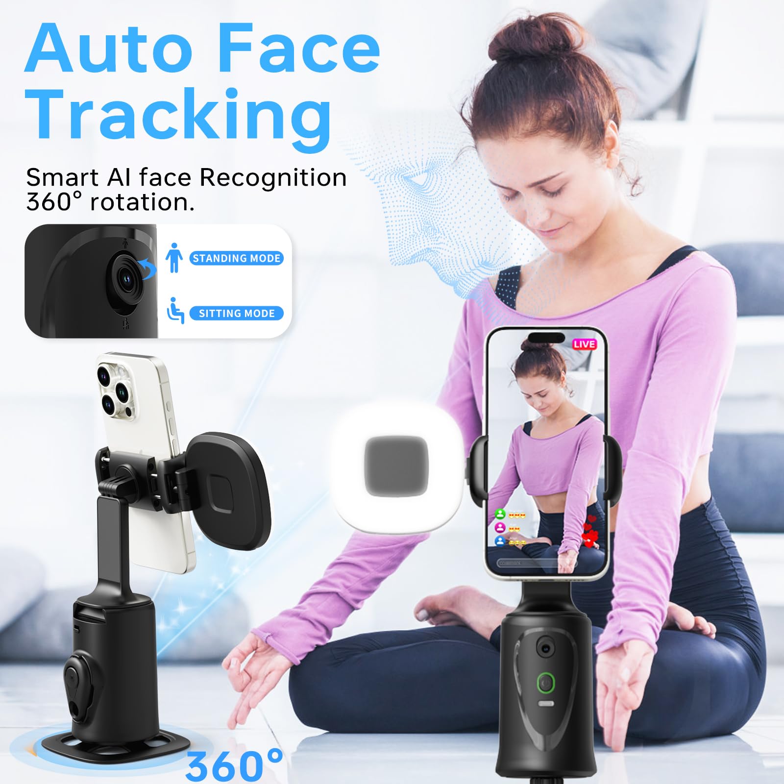 Herclear Auto Face Tracking Tripod 360° Rotation Phone Stand, No App, Face Body Phone Camera Stand With Remote And Gesture Control, Rechargeable Smart Shooting Stand With Light ( Edition)