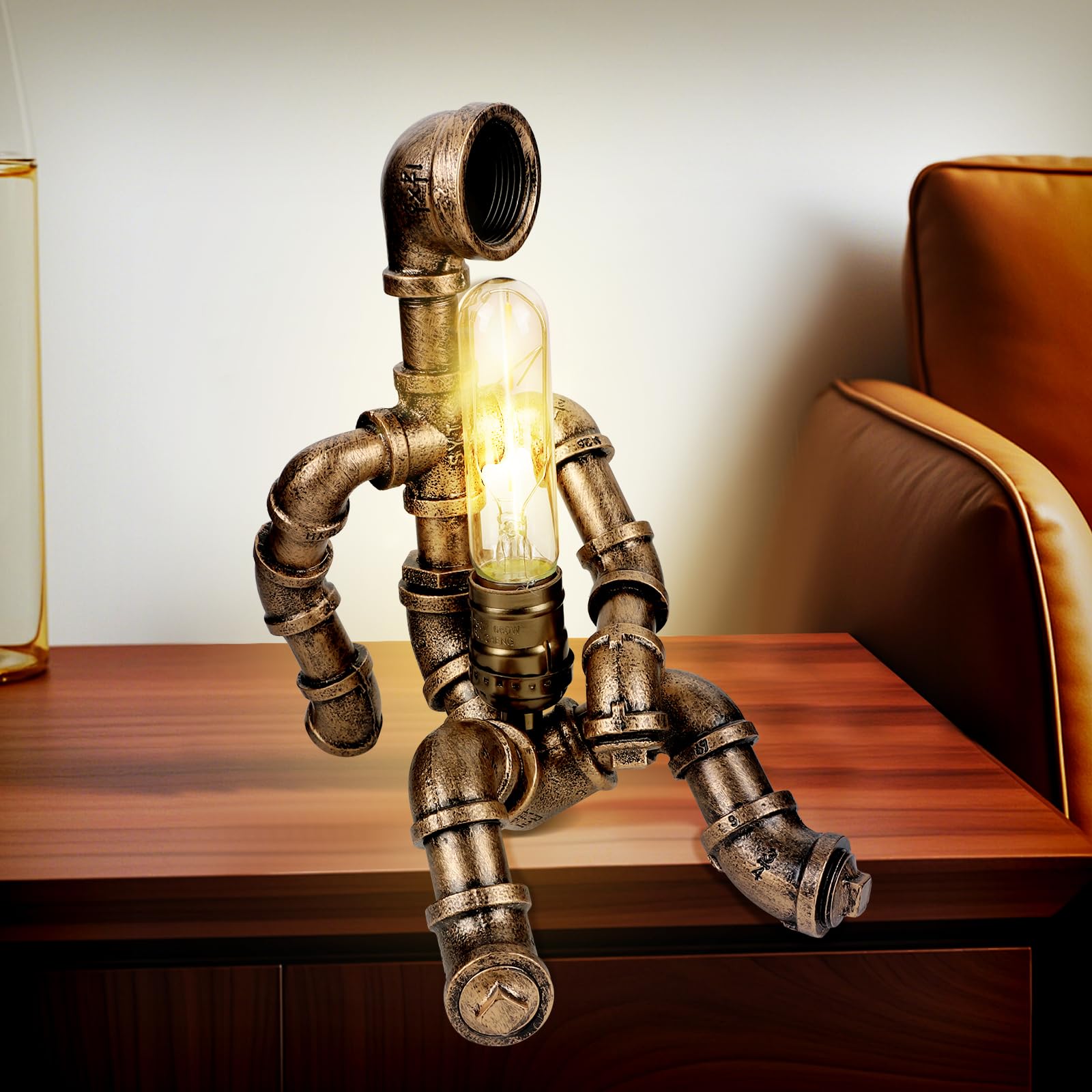 Obxquisite Steampunk Table Lamp, Retro Industrial Waterpipe Robot Desk Lamp, Creative Personality Cool Decoration, Industrial Retro Room Decor, Steampunk Accessories For Office And Home