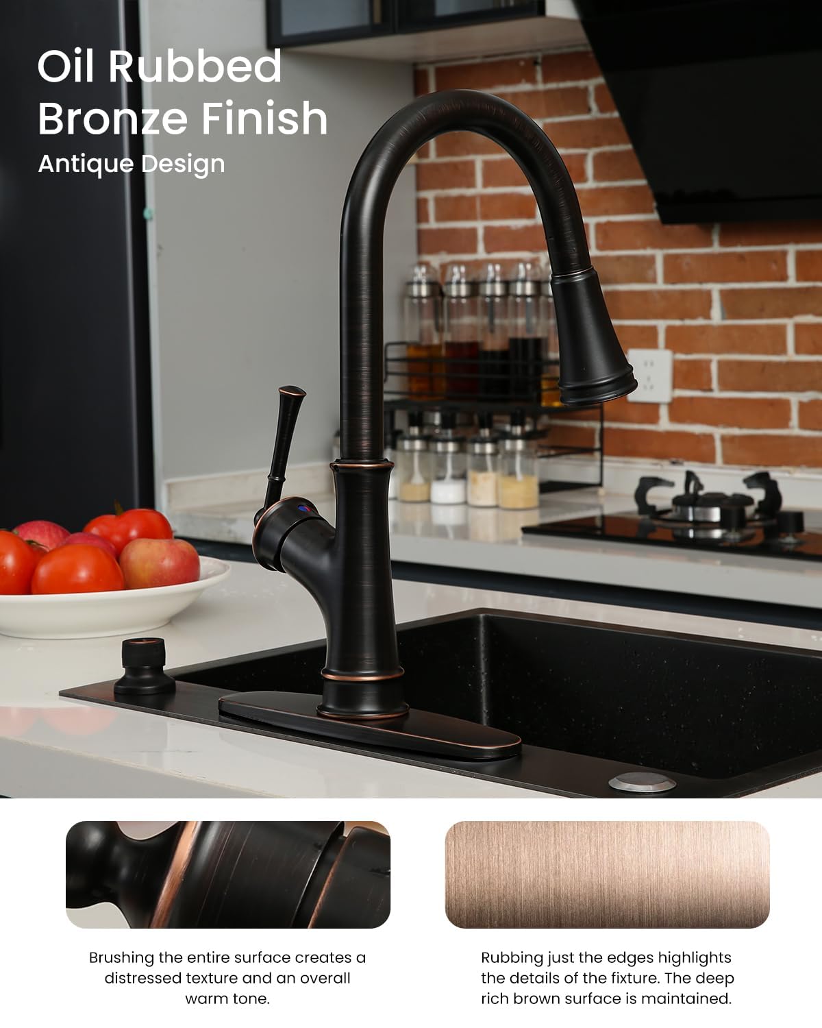Appaso Bronze Kitchen Faucet With Pull Down Sprayer, Oil Rubbed Bronze Single-Handle High Arc Single Hole Pull Out Kitchen Sink Faucets With Escutcheon (Patented Design)