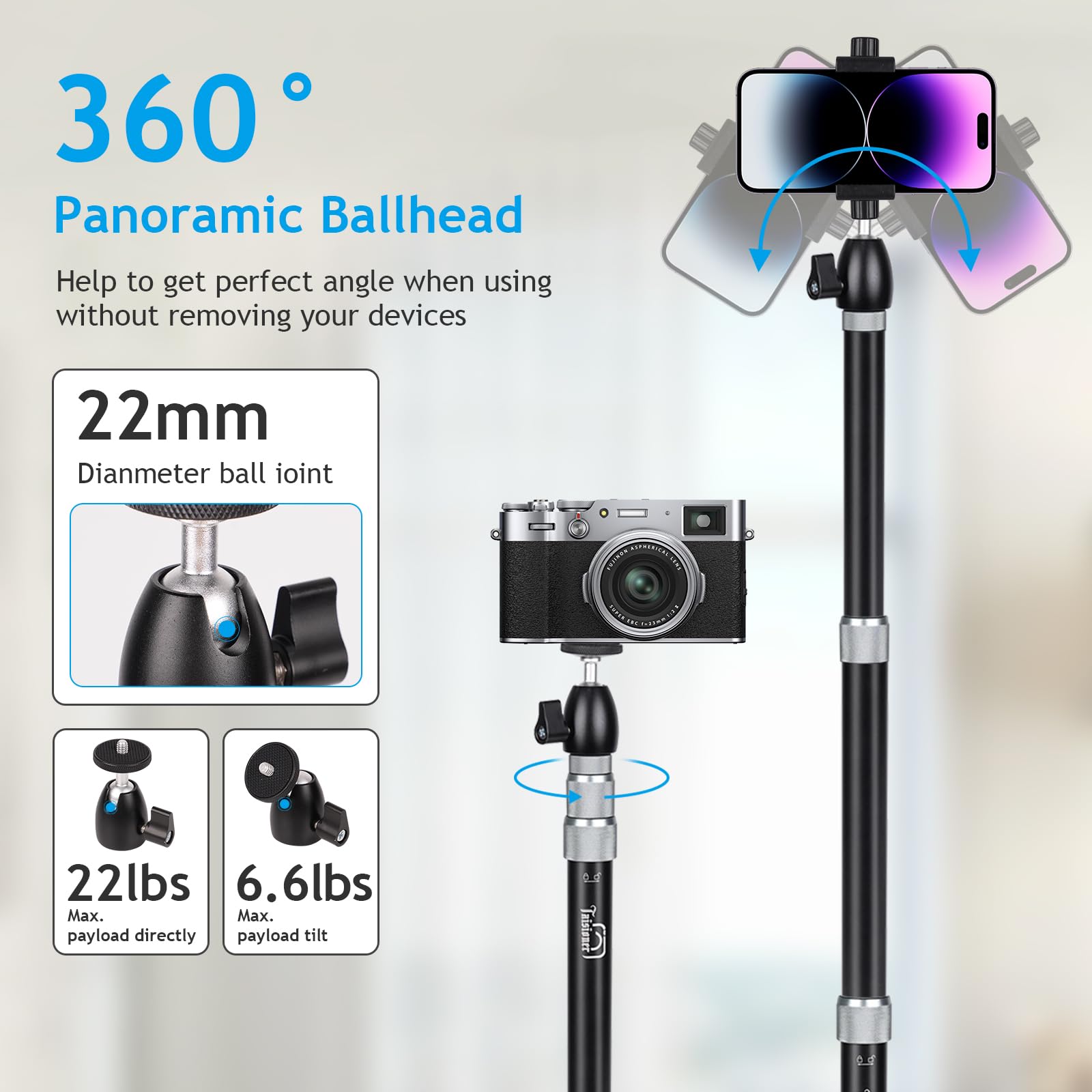 Taisioner Camera Desk Mount Table Stand Webcam Stand With 360°Ball Head Aluminum Alloy Clamp And Arm 15.7”-35.4” Heavy Duty C Lamp For Camera,Ring Light,Dslr,Live Streaming,Photo Viedo Shooting