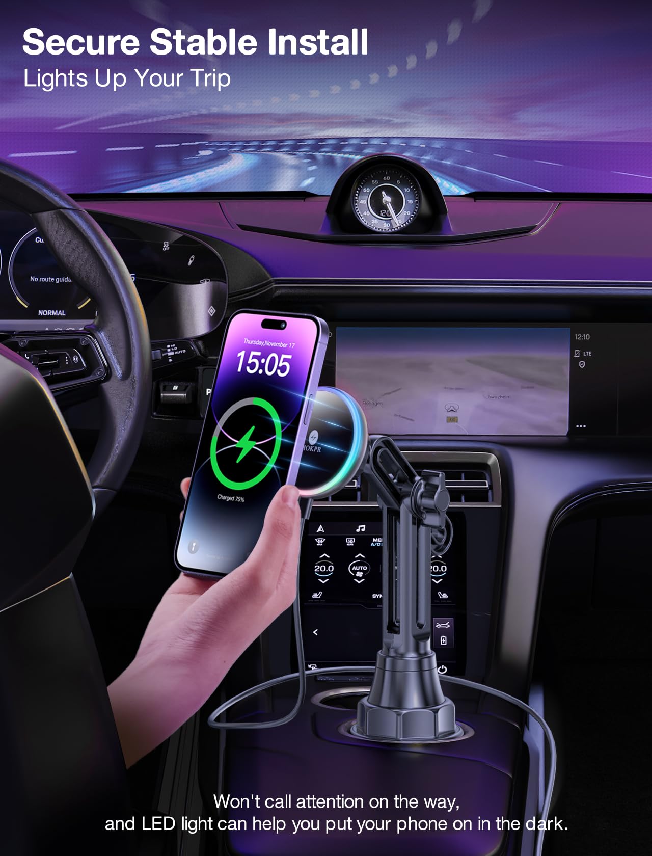 Mokpr For Magnetic Car Mount Charger- Wireless Car Charger Magnetic Cup Holder Air Vent Phone Mount-Colorful Led Hands Magnet Car Charger For Iphone 16 15/14/13/12 Series