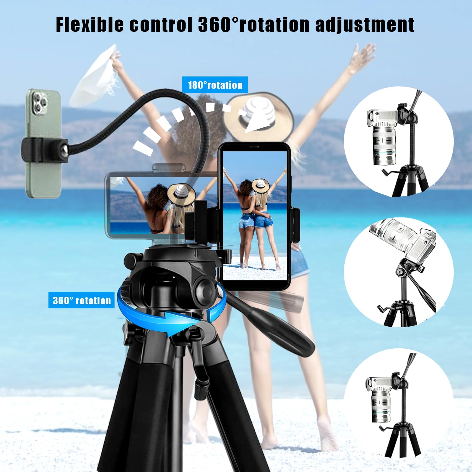 Yotetion 75 Inch Aluminum Phone & Camera Tripod With Gooseneck Stand, Extendable Cell Phone Tripod Stand Compatible With Iphone/Android/Action Camera Is Perfect For Live Streaming/Video Recording/Selfies