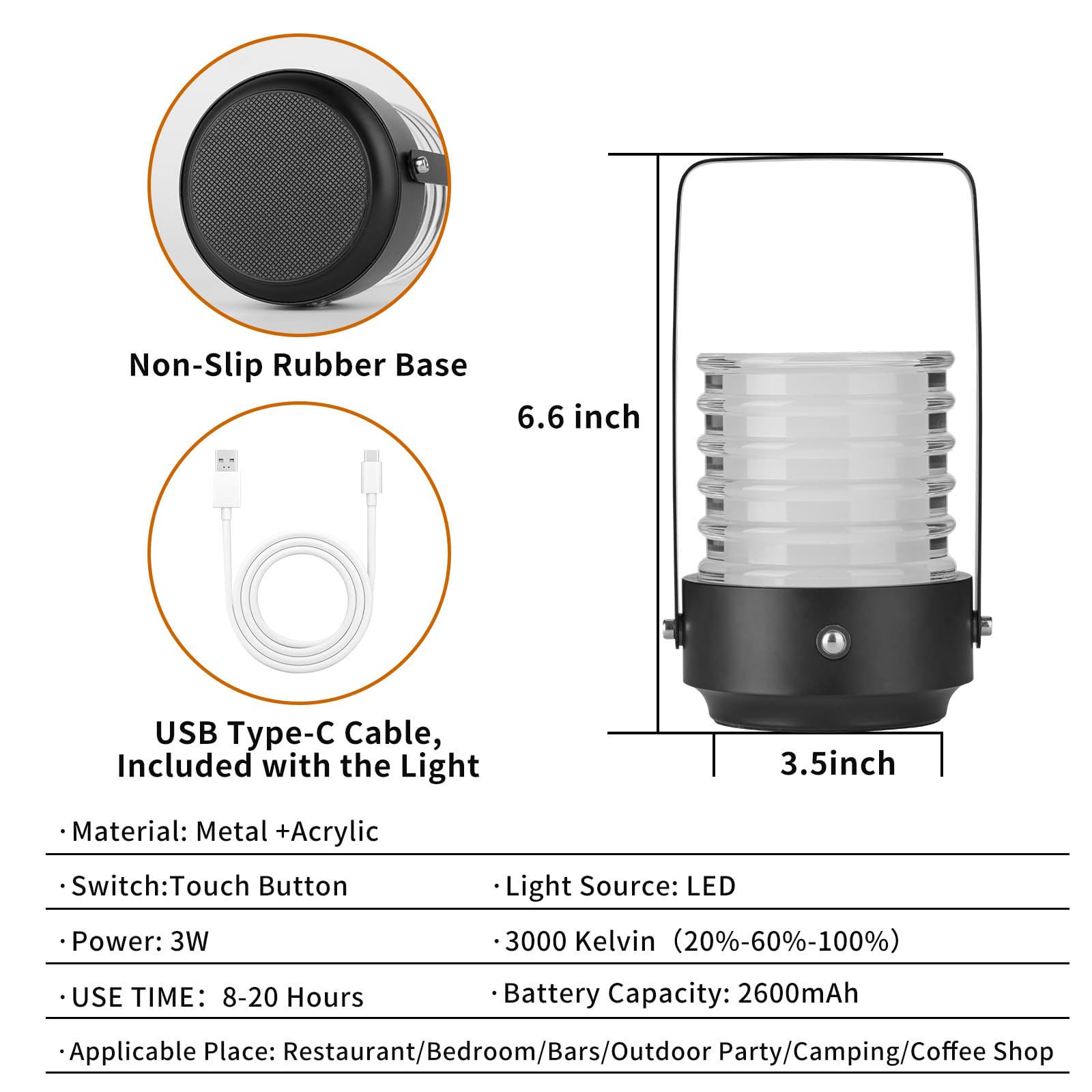Mkiiach Portable Outdoor Small Battery Table Lamp For Bedroom Night Lights 3 Way Dimmable Touch Lamp Usb Type-C Charging Ports For Baby Nursery Bathroom Hallways Living Room (Black)