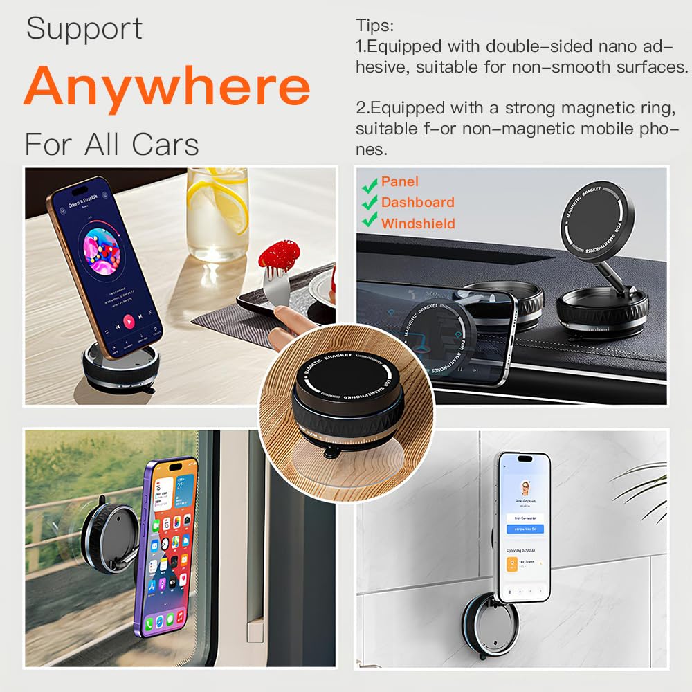 Vosatron Vacuum Suction Magnetic Car Phone Holder For Magsafe, 66Lbs Strongest Suction Cup Phone Holder, 360° Adjustable Magnetic Car Phone Mount, Quick Release Cell Phone Holder For All Phones/Smooth Surface